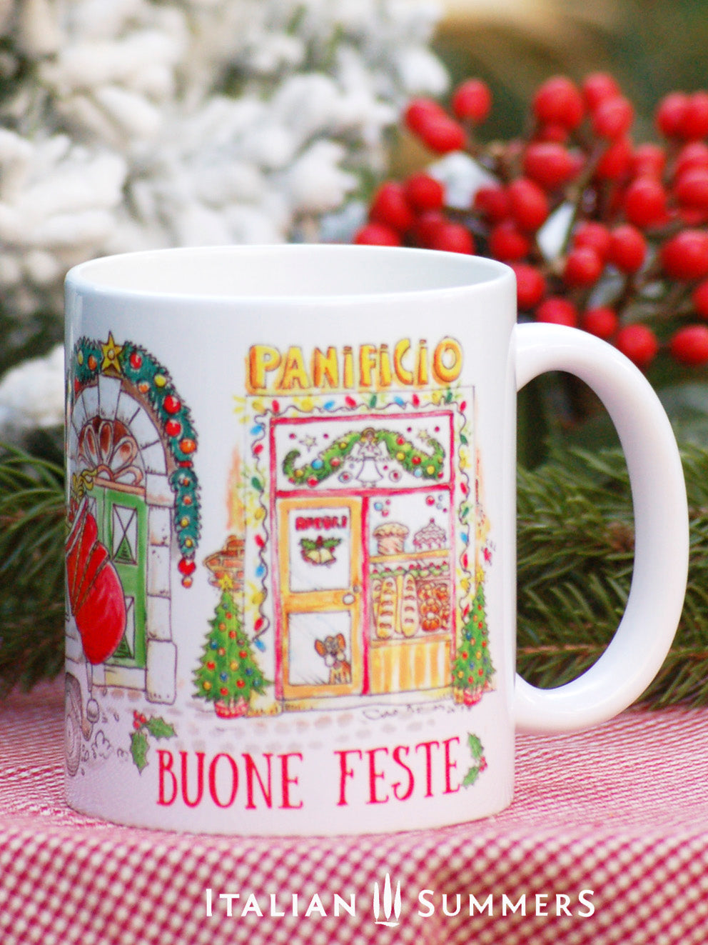 Mug with Babbo Natale driving a red Fiat 500 through Italian street, Christmas theme