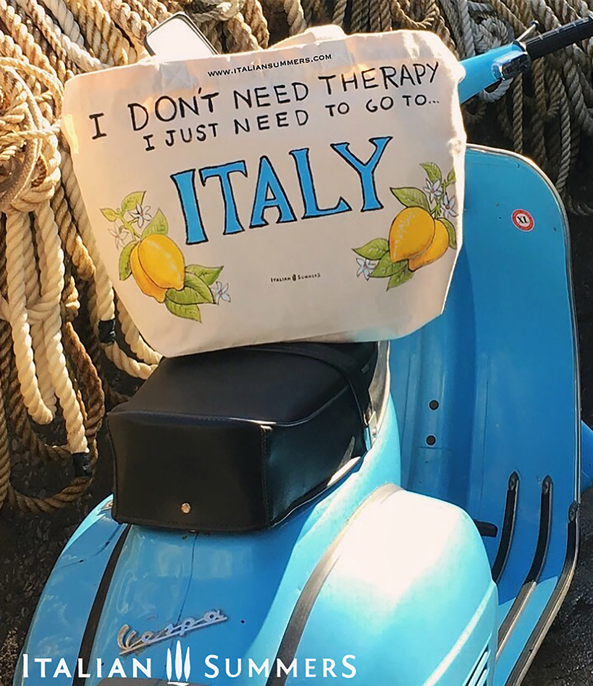 Tote bag I don't need therapy, I just need to go to Italy by Italian Summers© The bag is placed on a gorgeous vintage blue Vespa on the dreamy Ischia Island. Made by Italian Summers