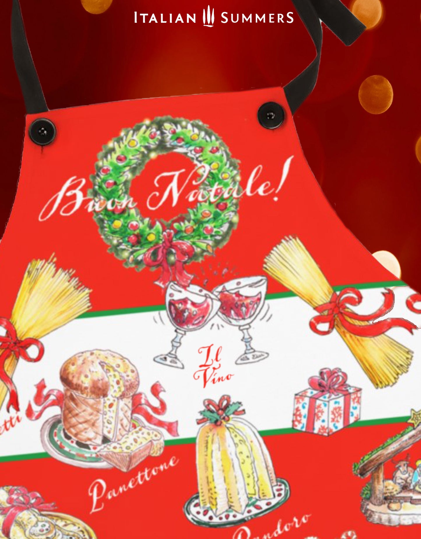 happy Italy-inspired apron printed with many classics from the holiday like: Vino, Cannoli, Panettone etc