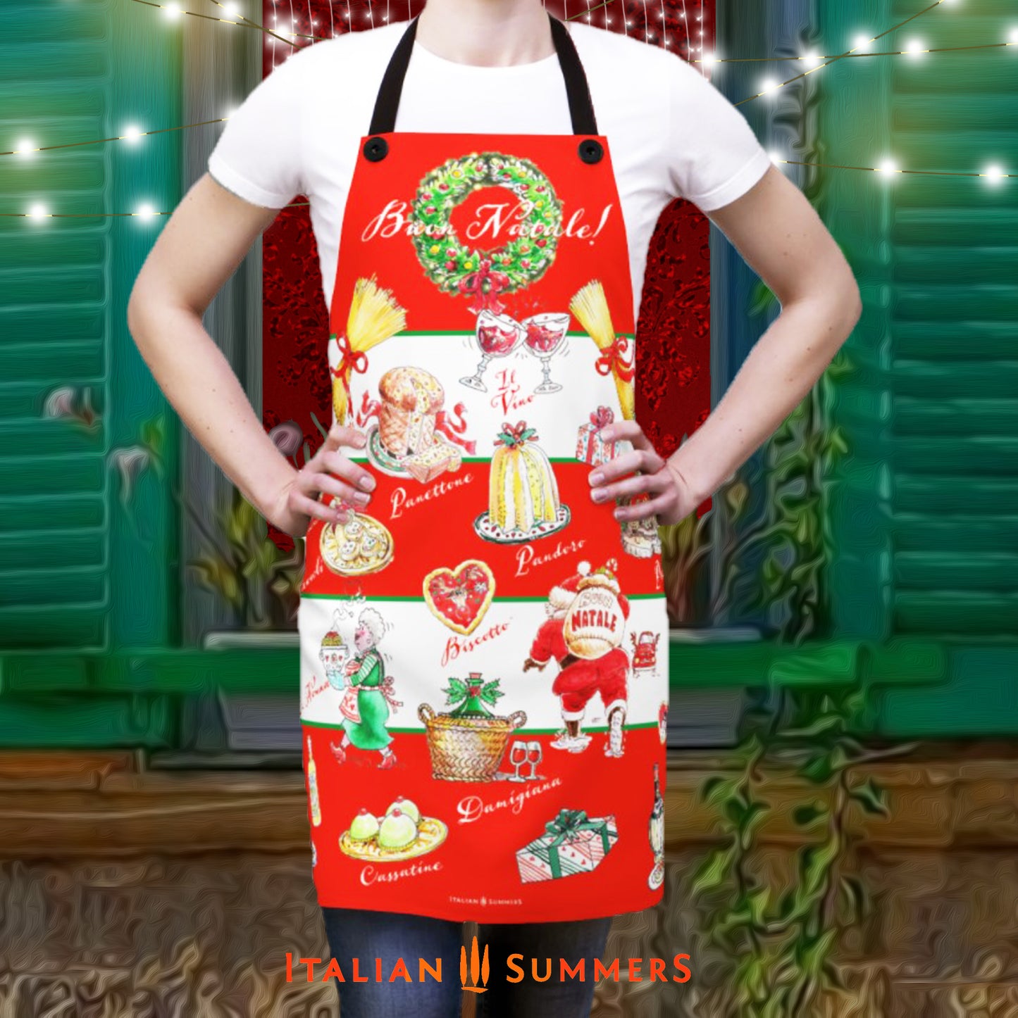 Holiday kitchen apron with Buon Natale text and Italian Christmas desserts