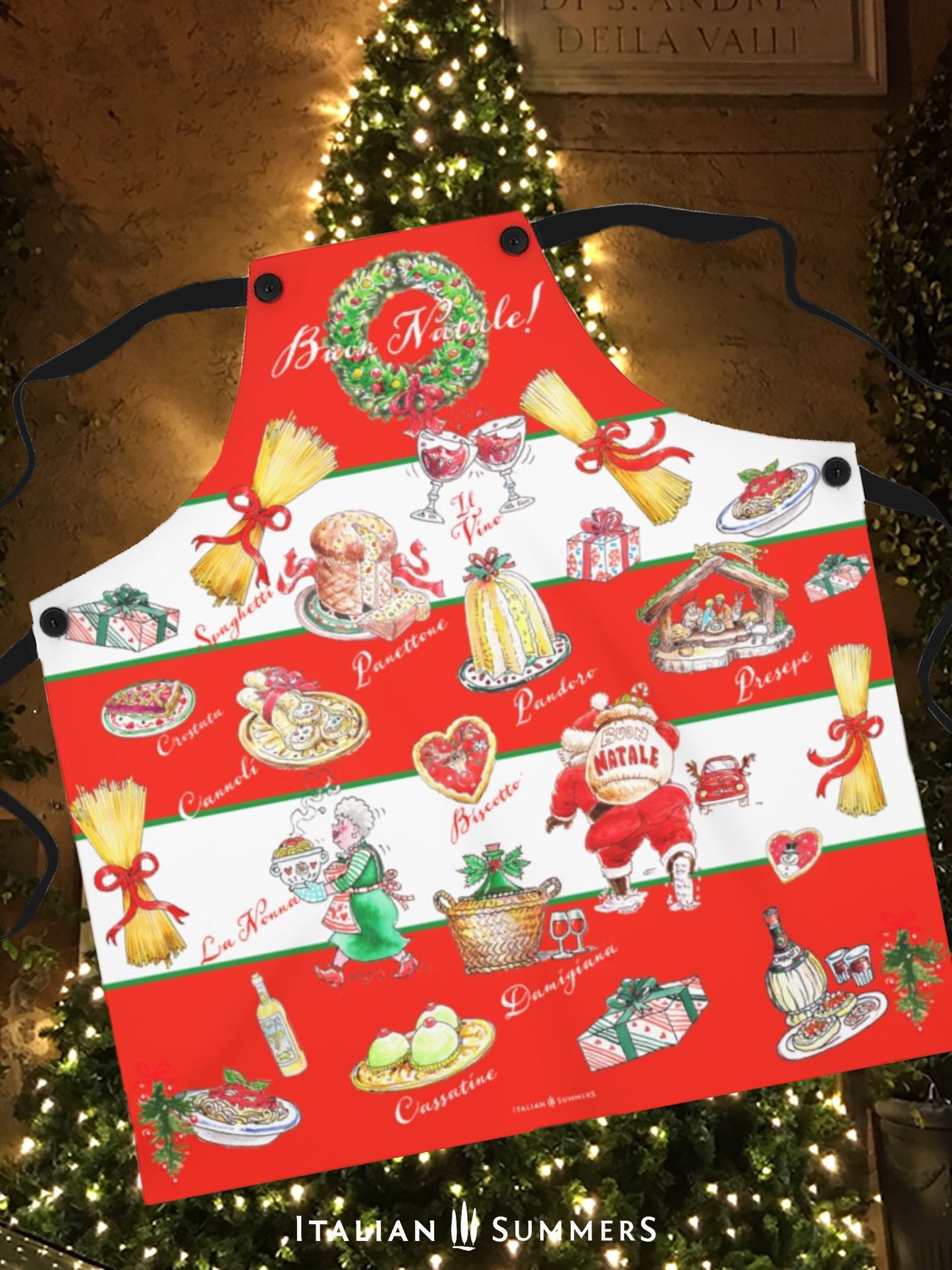 Festive Italian Christmas apron decorated with vino, cannoli, and Panettone
