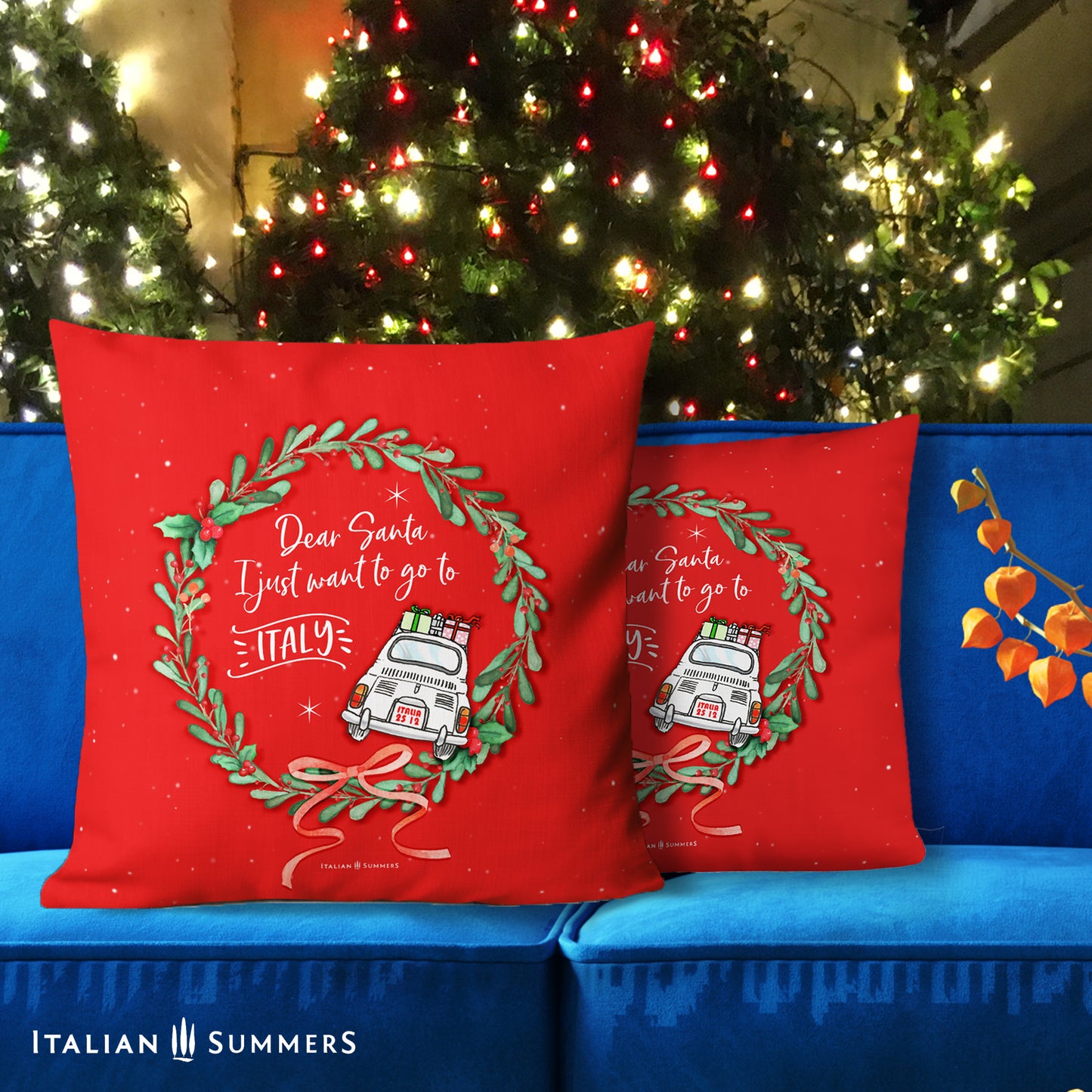 Vintage Fiat 500 with Christmas gifts inside holiday wreath pillow design