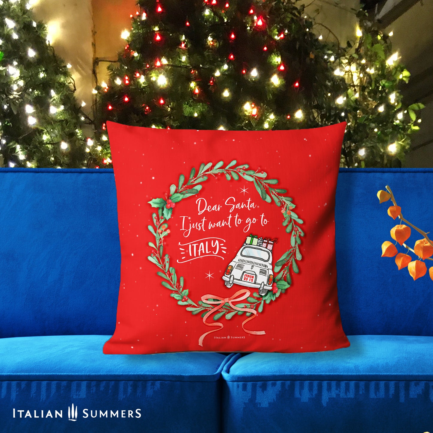 Italian Christmas pillow cover – Fiat 500 holiday design, perfect gift