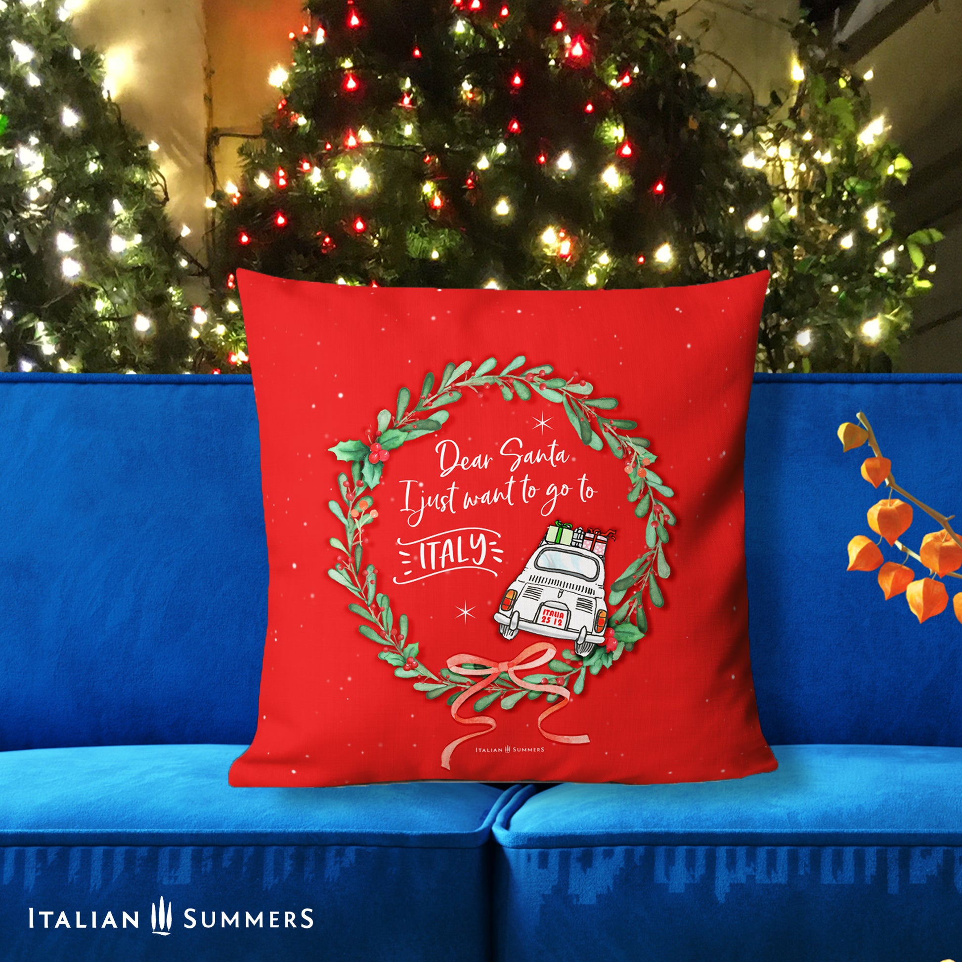 Italian Christmas pillow cover – Fiat 500 holiday design, perfect gift