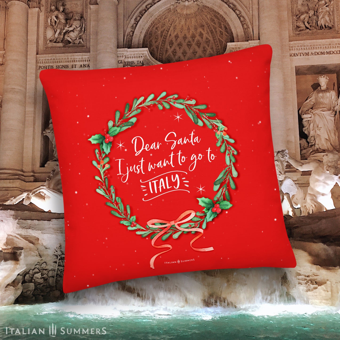 Dear Santa Italy Christmas pillow cover with festive wreath and holiday quote