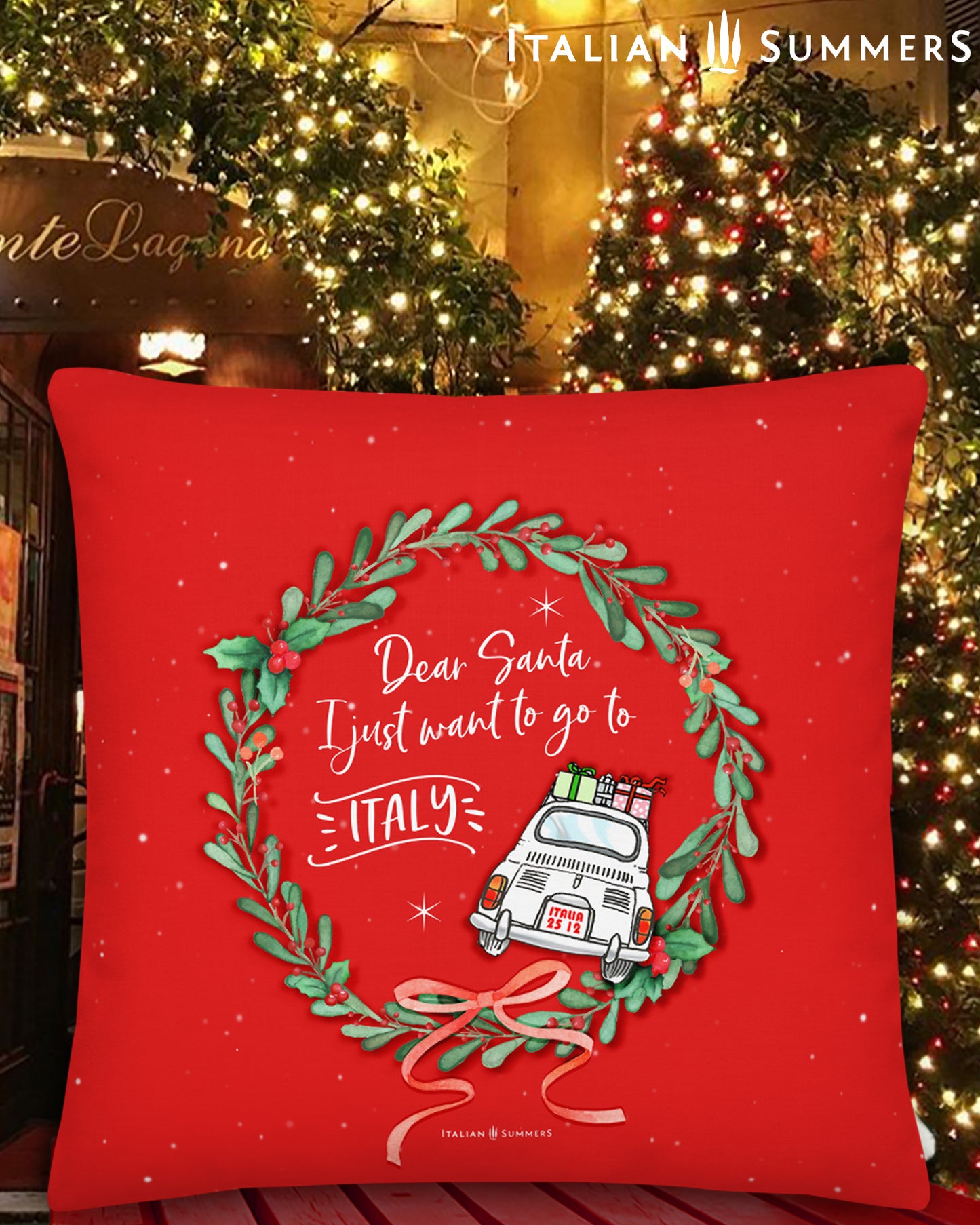 Dear Santa Italy Christmas pillow cover with Fiat 500 and festive wreath