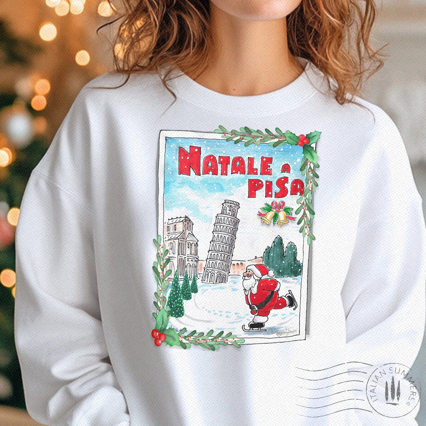 Unisex Pisa Christmas sweatshirt styled for winter holidays – Santa skating graphic