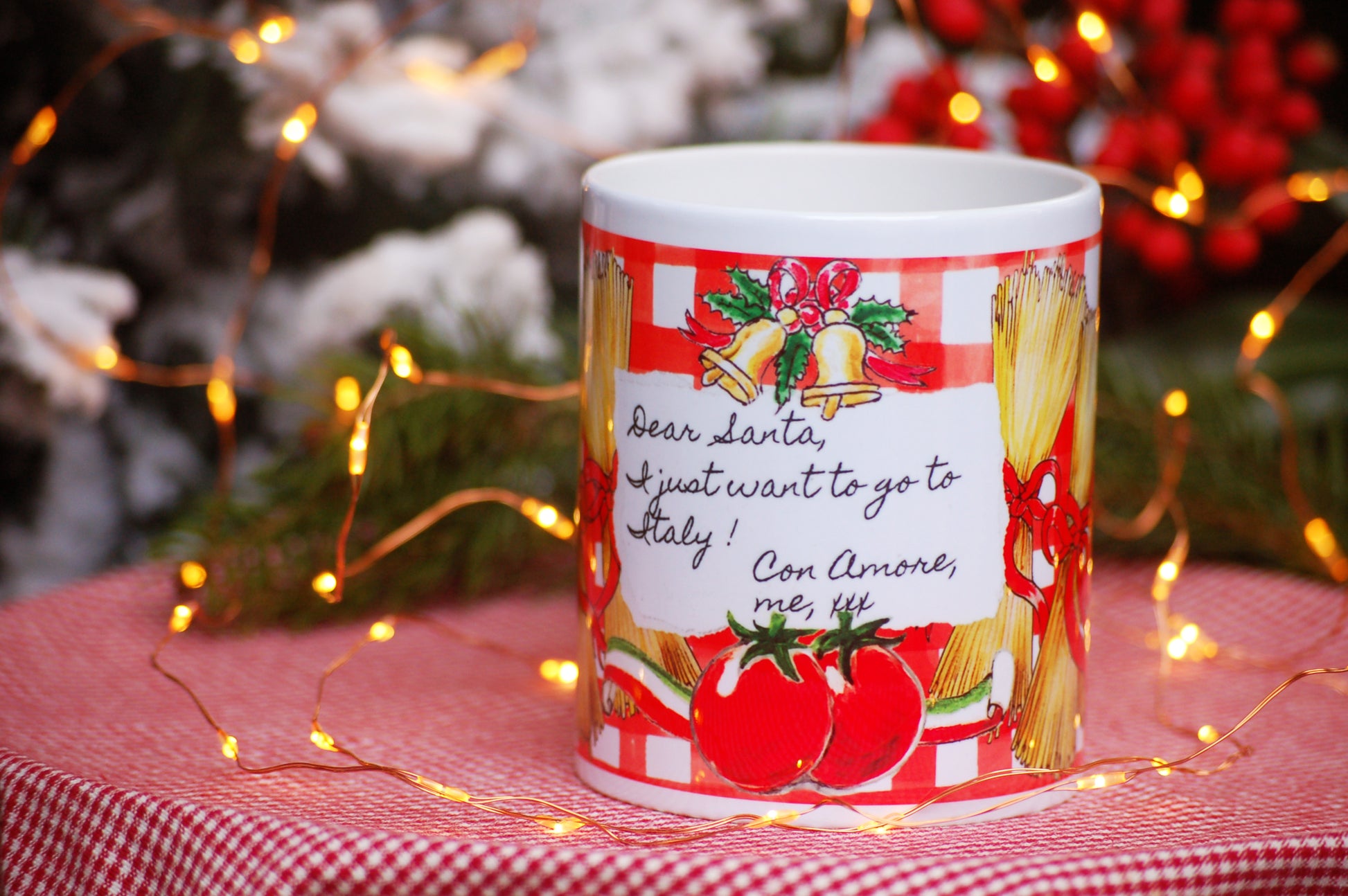 Christmas coffee mug with “Dear Santa I just want to go to Italy” note