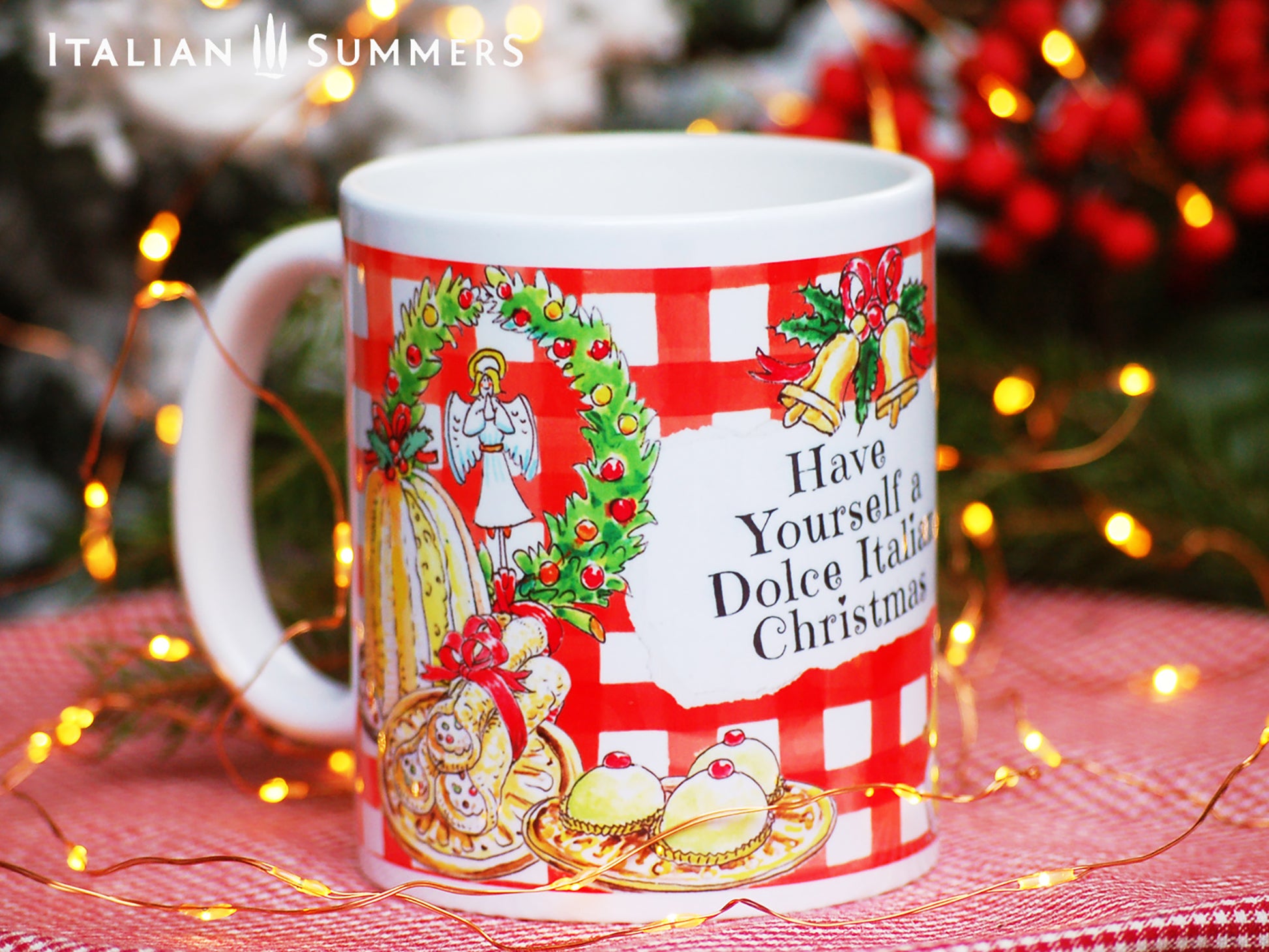 Italy Chirstmas mug Pane e Dolci with a sketch of the local Italian baker, driving his funny car with the text PANE & DOLCE, and on the top he has the biggest panettone. Ther are italian dolce on the mug and the text "have yourself a Dolce Italian Christmas" made by Italian Summers