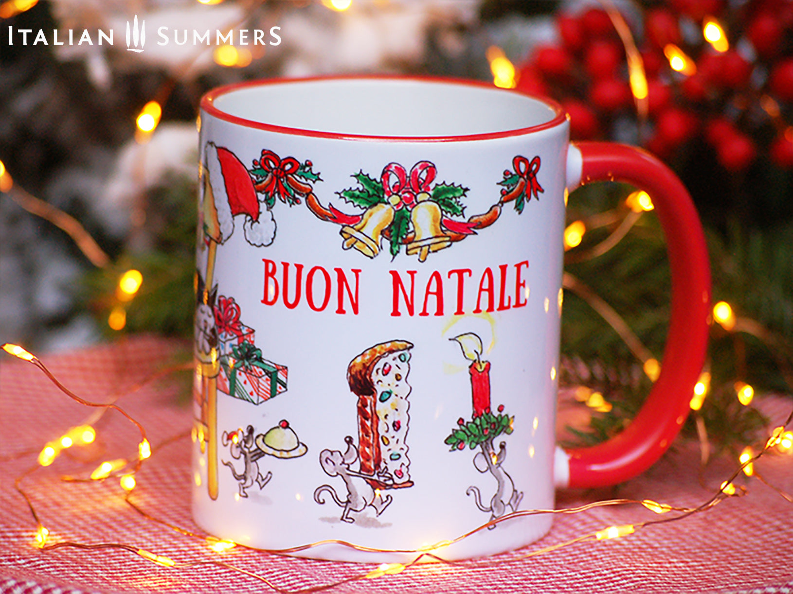 Holiday coffee cup featuring cat on chair and mice stealing food