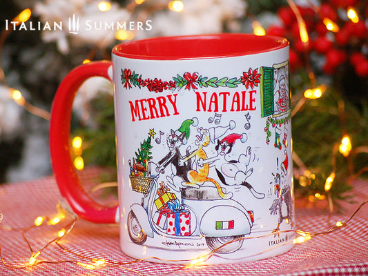 Italian Christmas mug with cats singing on Vespa