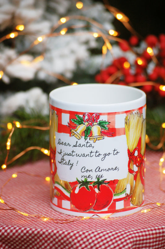 Italian Christmas mug with pasta bundles, tomatoes & festive design