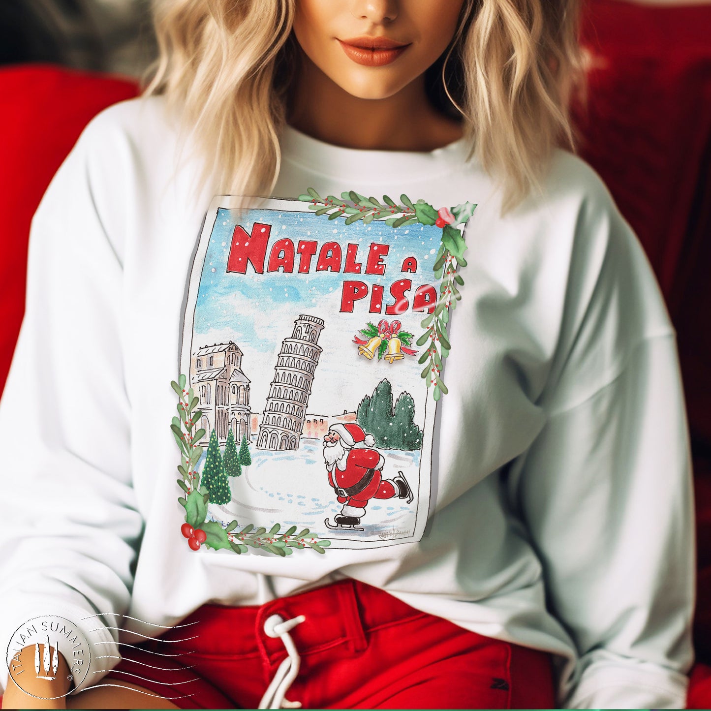 Christmas in Pisa sweatshirt with Santa skating by Leaning Tower – festive Italy holiday sweater