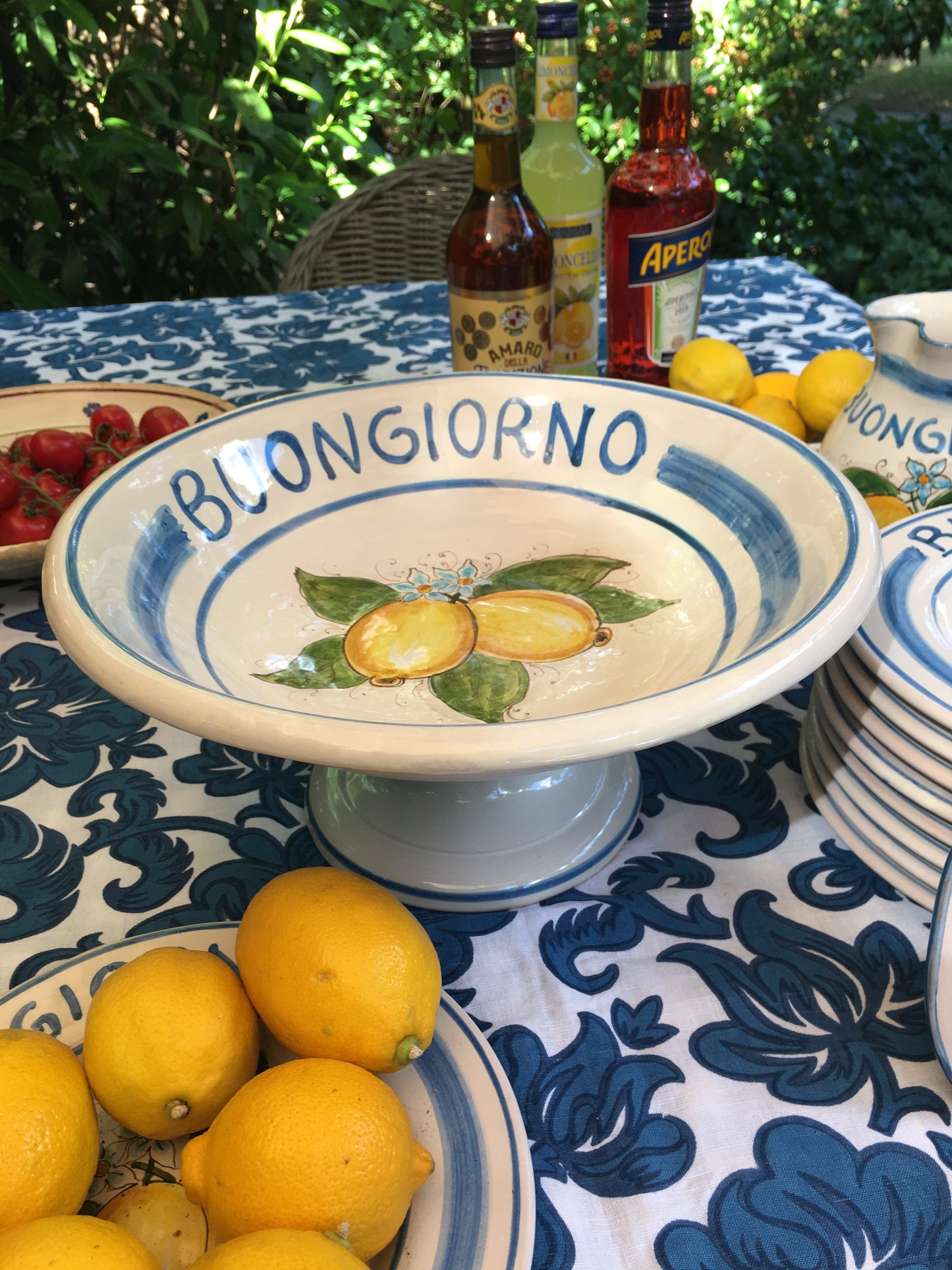 Large Italian Maiolica ceramic Fruit Stand with Amalfi Coast lemons and Buongiorno text, artisanal product, made in Sicily