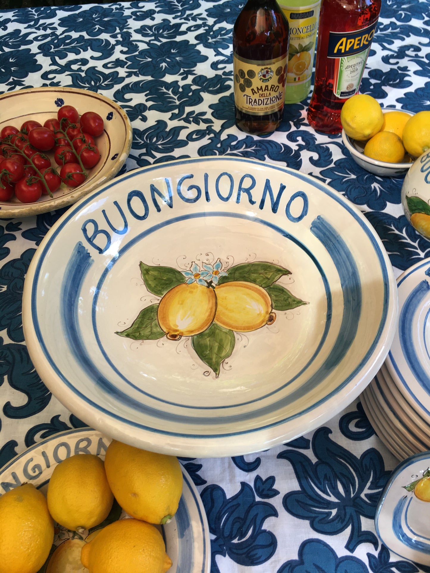 Large Italian Maiolica ceramic Fruit Stand with Amalfi Coast lemons and Buongiorno text, artisanal product, made in Sicily