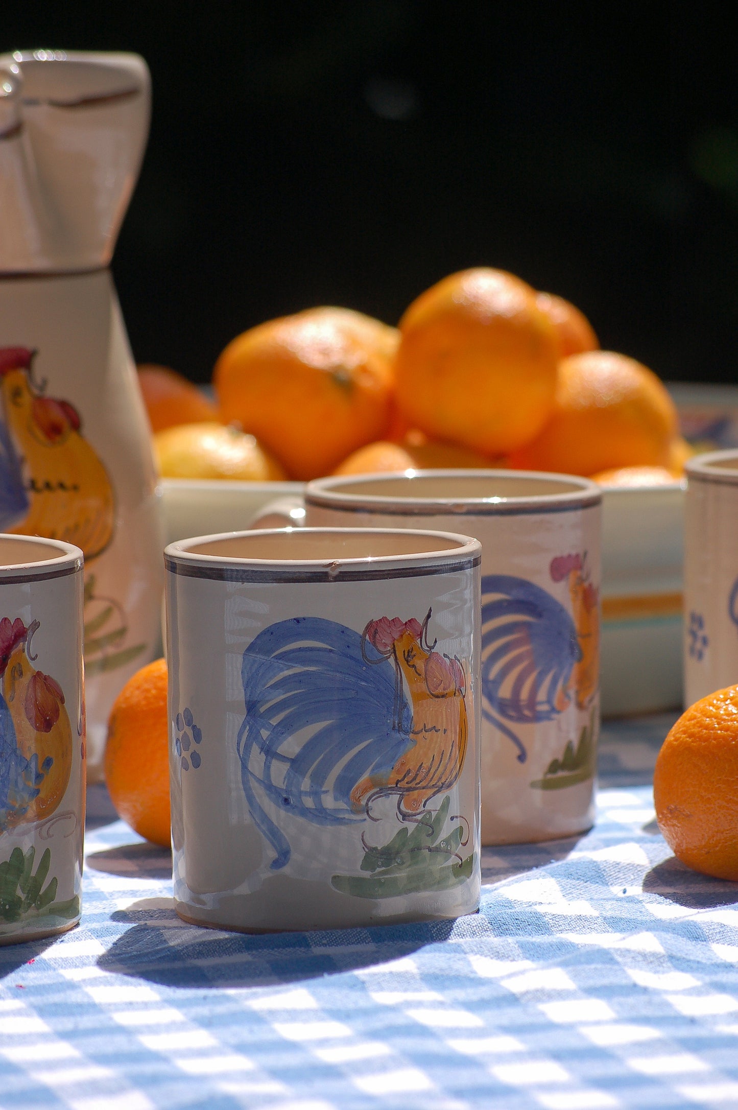 Italian vintage ceramic carafe and mugs with rooster design