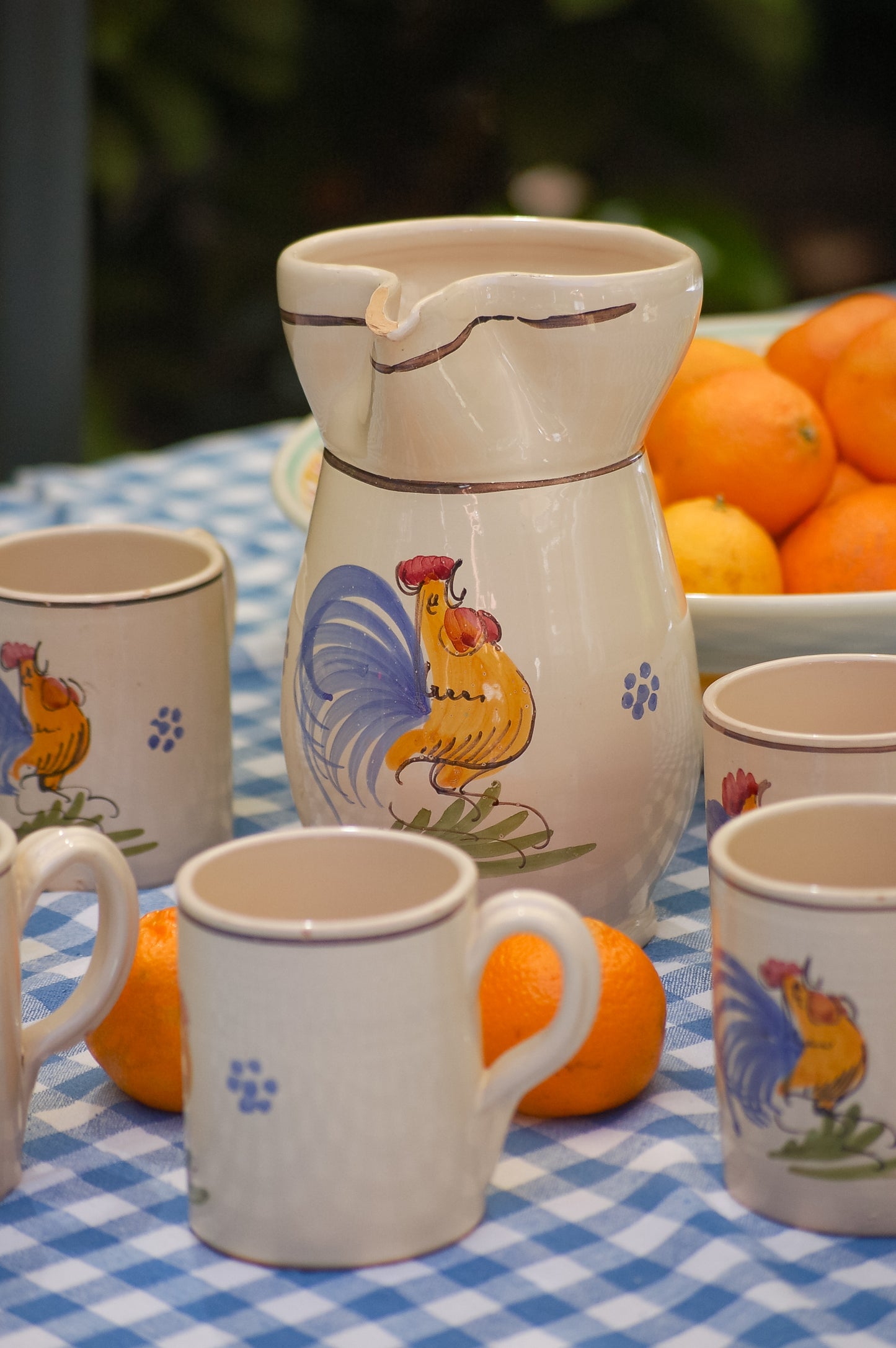 Italian vintage ceramic carafe and mugs with rooster design