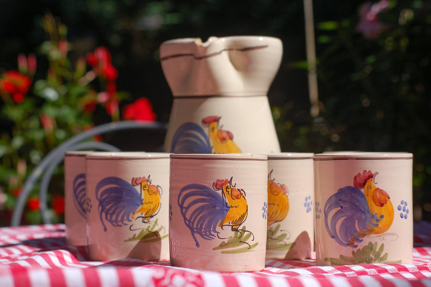 Italian vintage ceramic carafe and mugs with rooster design