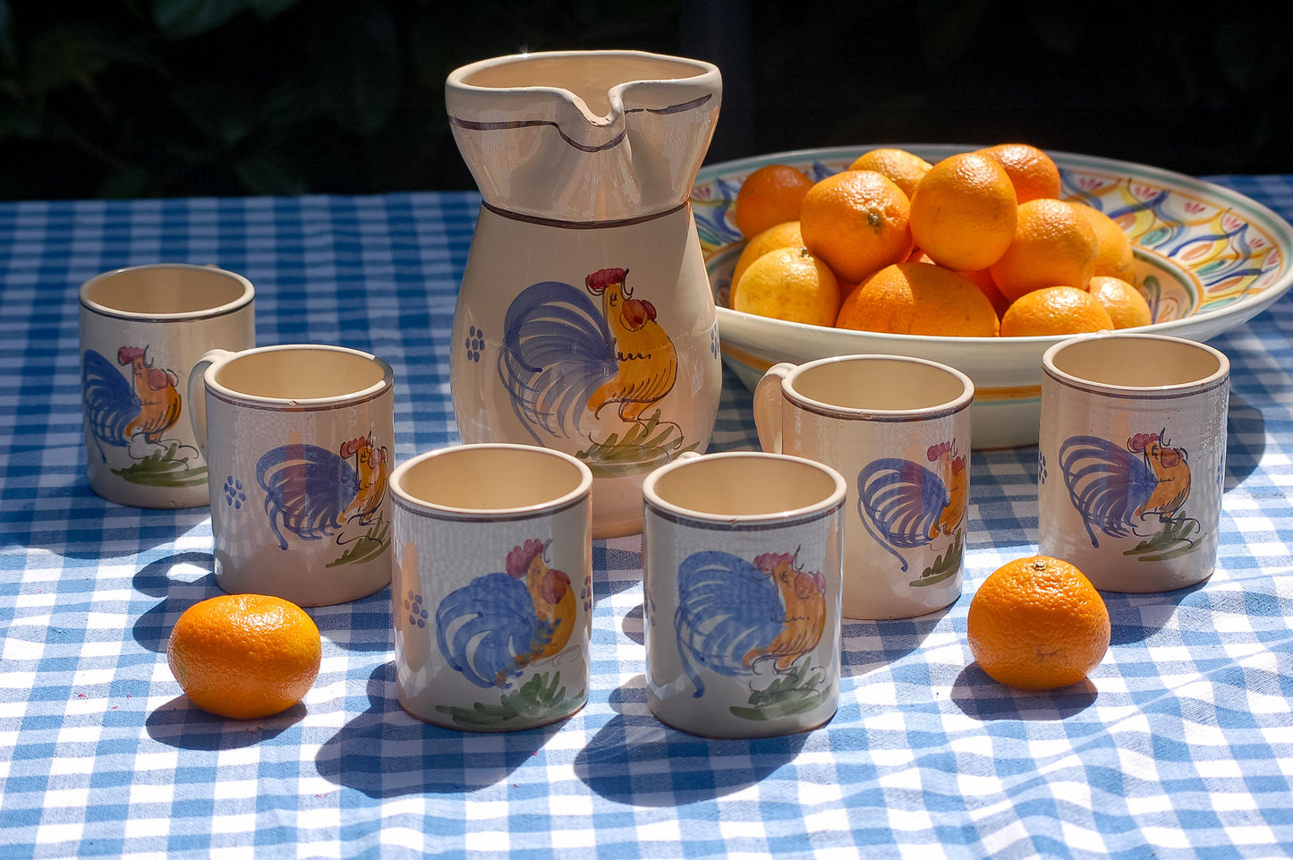 Italian vintage ceramic carafe and mugs with rooster design
