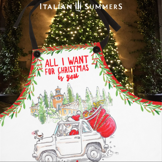 Italy Christmas apron featuring Babbo Natale in a vintage Fiat 500