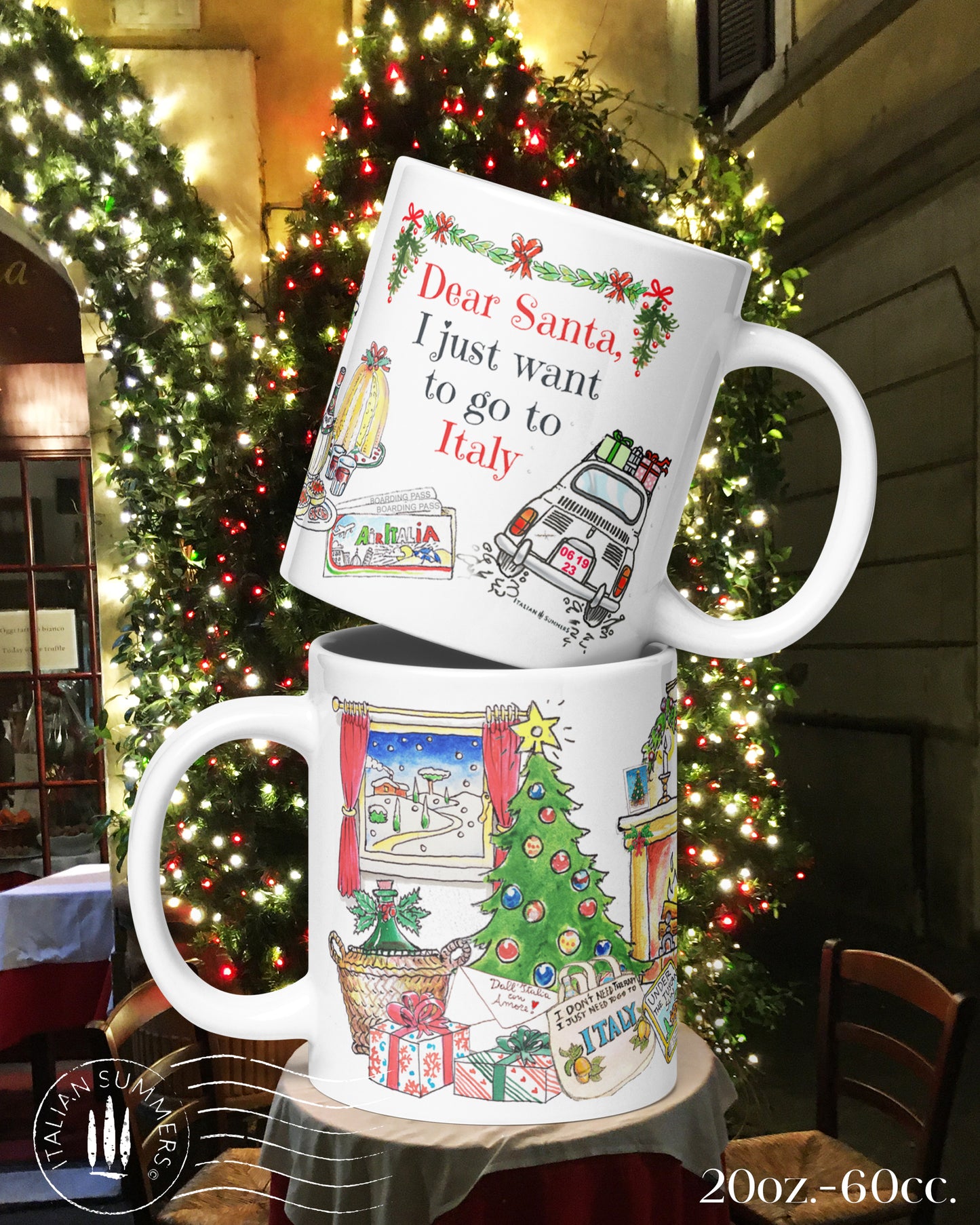 Jumbo holiday mug 20oz with vintage red Fiat 500 and Christmas presents