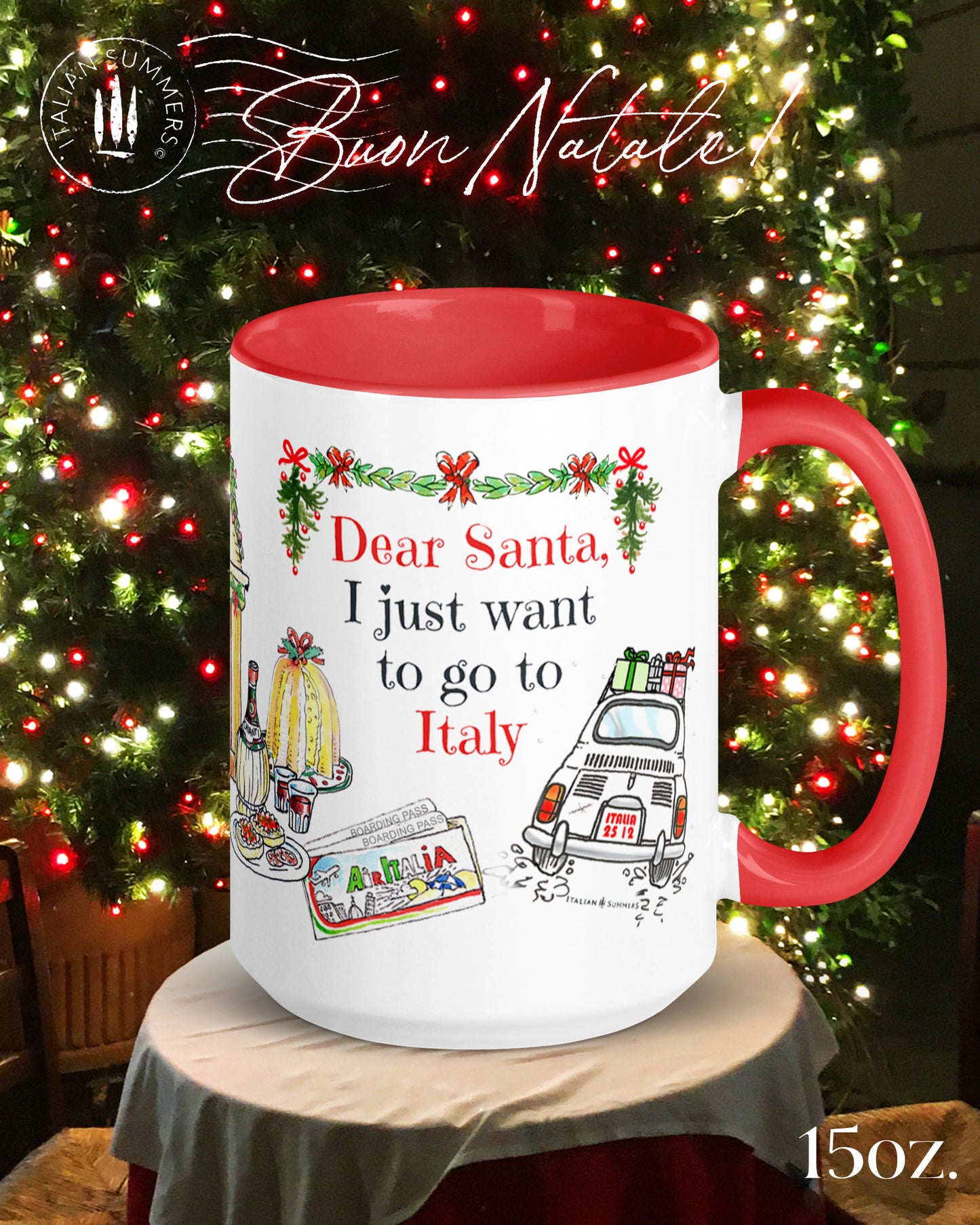 Italian Christmas mug with Dear Santa quote and Fiat 500 design