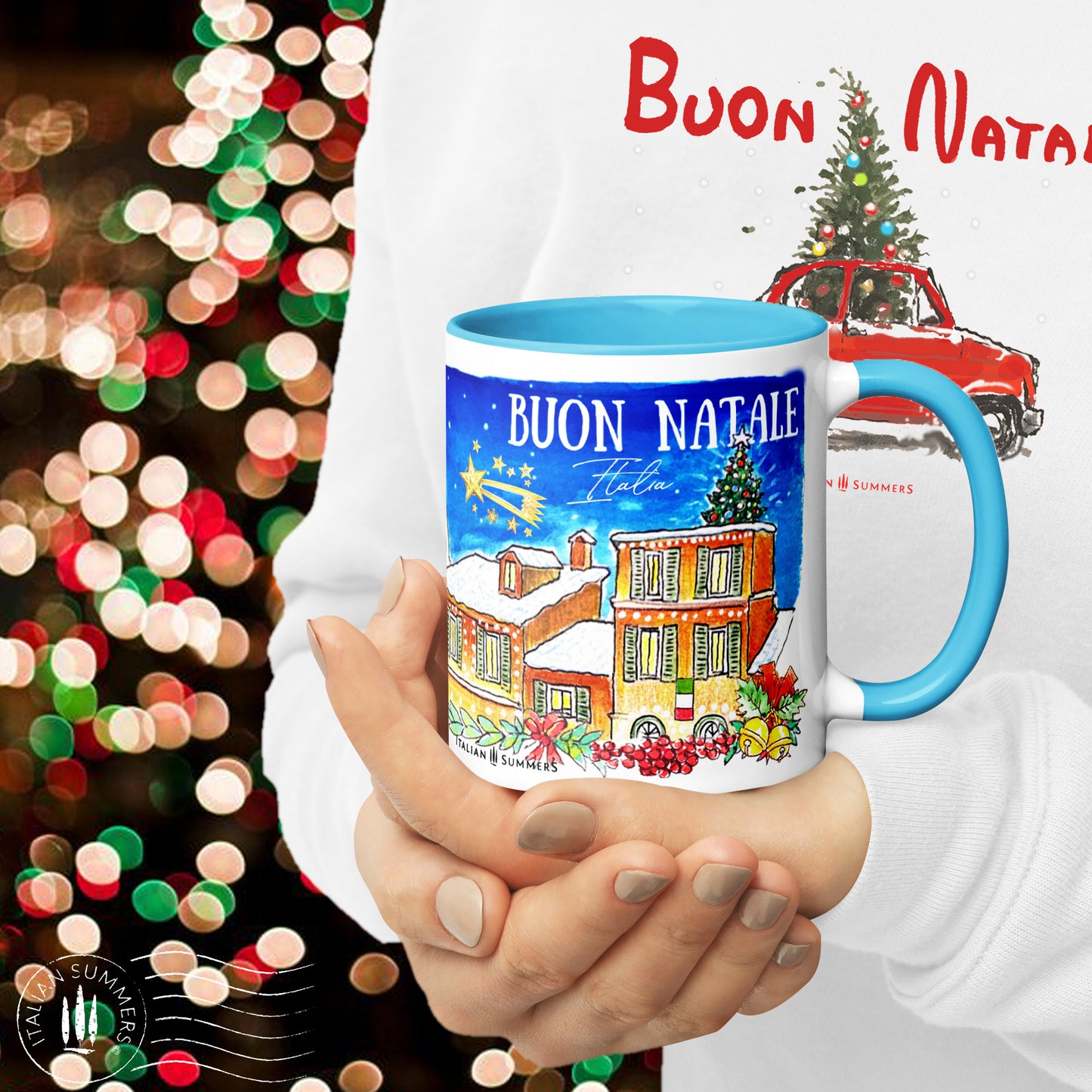 Ceramic holiday mug Italy-themed with dreamy night illustration
