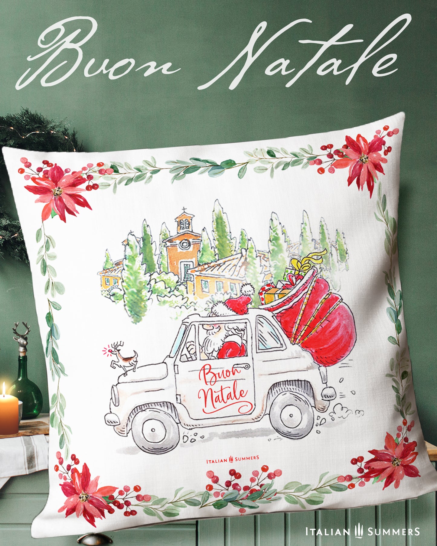 Babbo Natale Italy Christmas pillow cover with Fiat 500 and Tuscany design