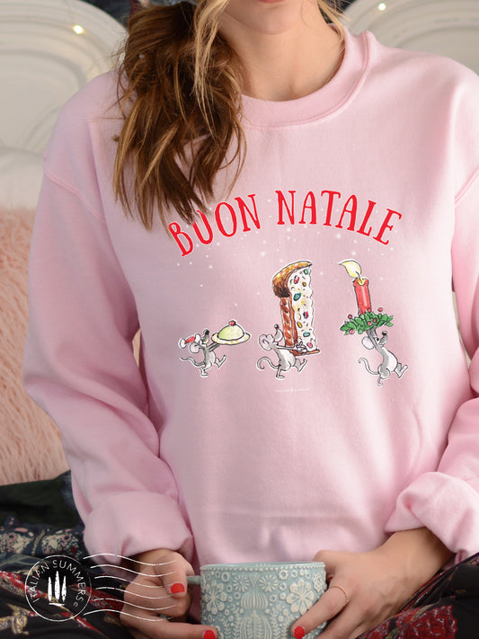 An Italy-inspired Christmas sweatshirt! Three Merry Italian Mice prance back to their cubby-hole to enjoy a Sicilian Cassatina and a slice of Panettone. This happy Italy-inspired Christmas sweatshirt is cozy and soft.