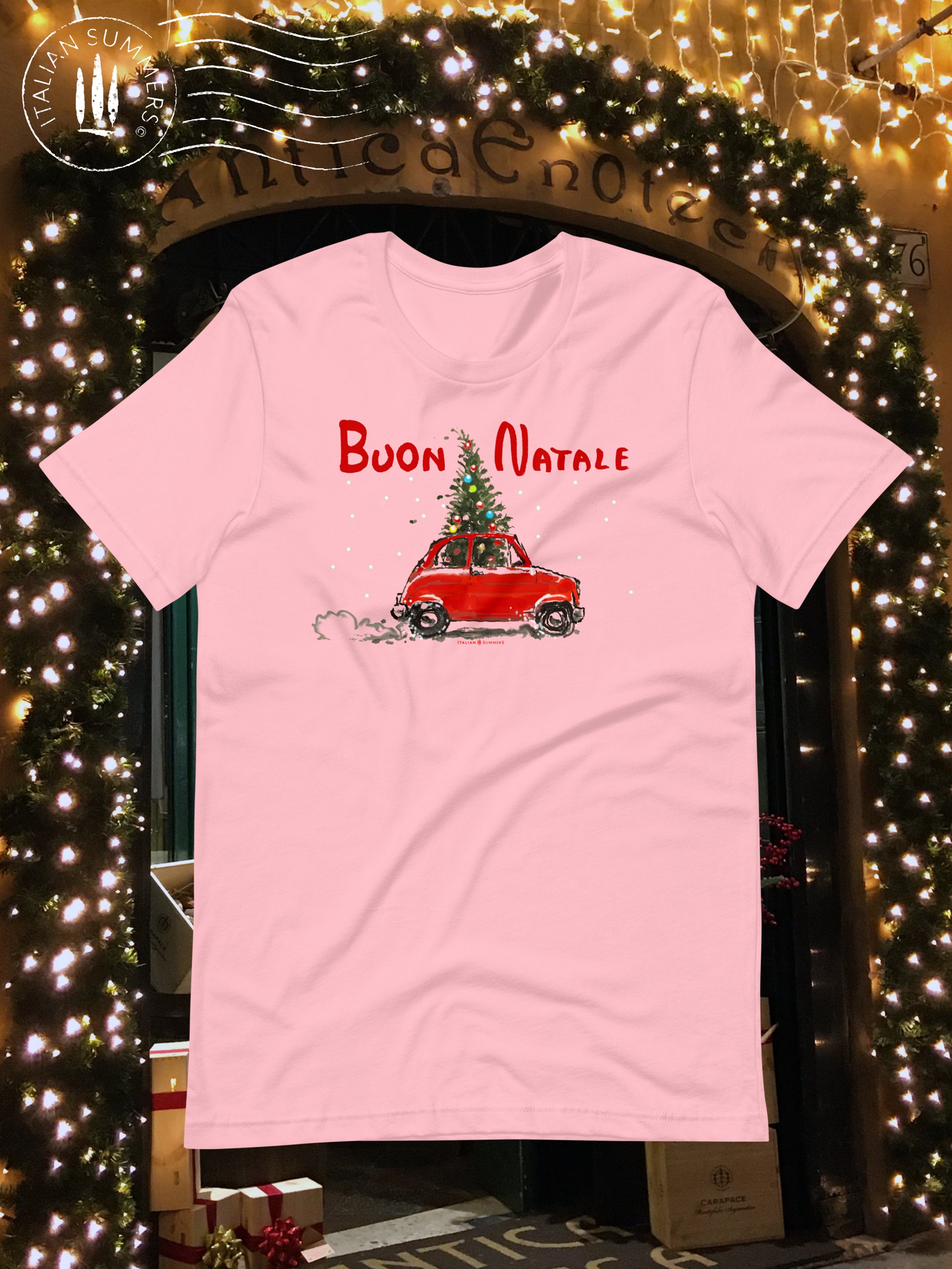 Unisex Italy Christmas T-shirt styled for festive season – Fiat 500 with tree design