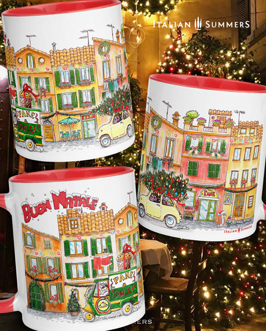 Italian Christmas mug with terracotta holiday village design