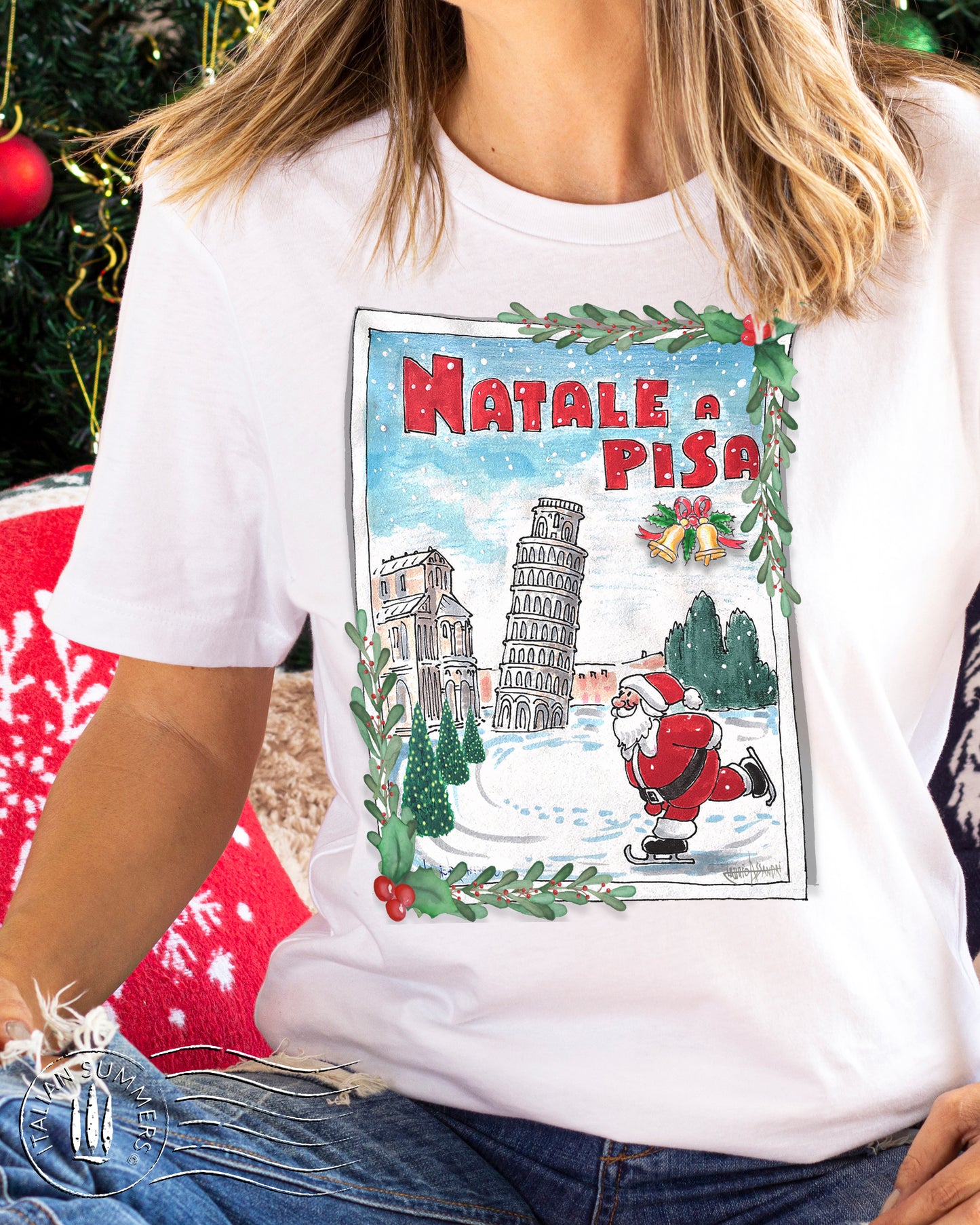 Italy Christmas t-shirt Buon Natale a Pisa, Santa Claus skating on ice by the leaning tower of Pisa, Italy