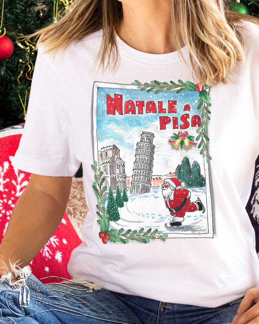 Italy Christmas t-shirt Buon Natale a Pisa, Santa Claus skating on ice by the leaning tower of Pisa, Italy