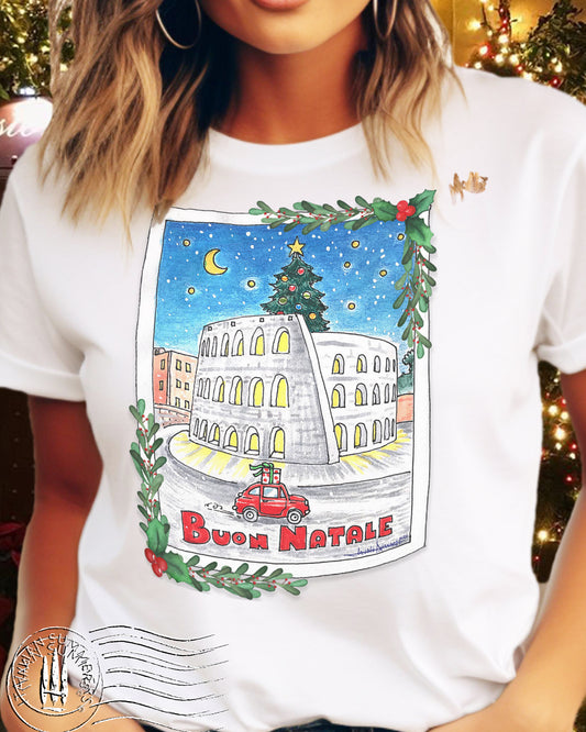 Italy Christmas t-shirt Buon Natale Roma,  little Vintage Italian car, Christmas tree and Coliseum
