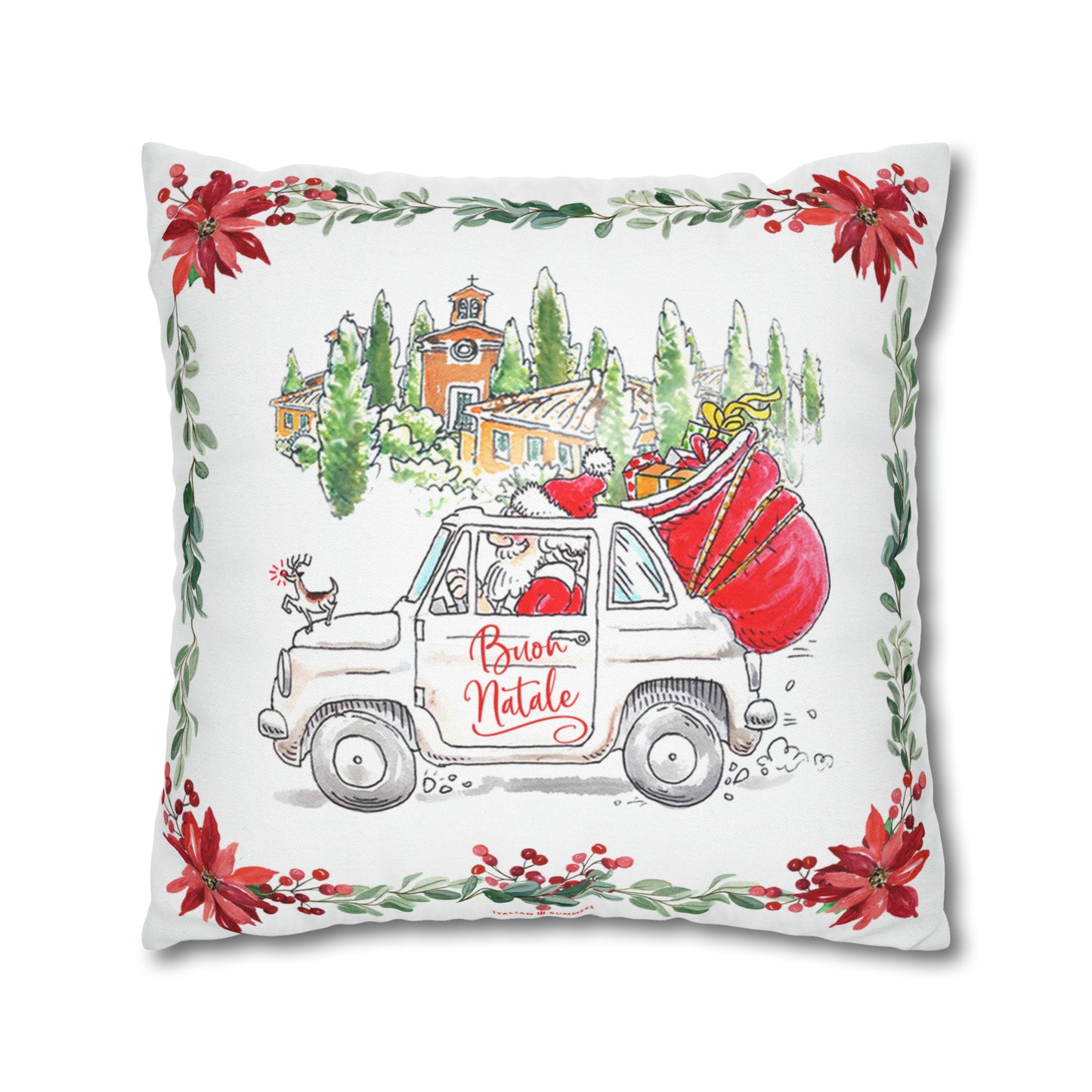 Vintage Fiat 500 with Buon Natale text and Christmas gifts – pillow print