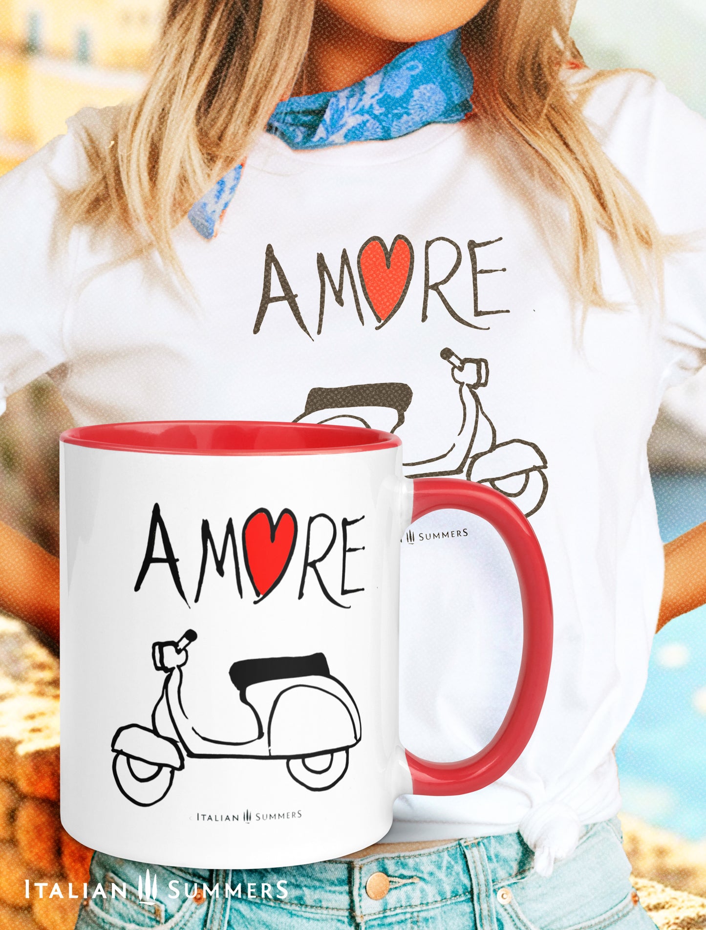 Italy inspired coffee mug with a sketch of a vintage Italian Vespa, a line dwawing. Above the Vespa is written the word AMORE in handwriting. The 'O ' in amore has is a red heart. The Italian coffee mug is printed a 2 sides. Available with a red inside/handle / or white. Made with amore by Italian Summers