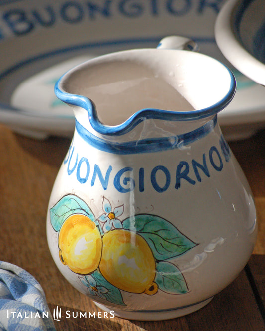 Italy ceramic carafe with buongiorno gretting , blue line and Amalfi Coast lemons. Handpainted in  Sicily. Designed and sold by Italian Summers