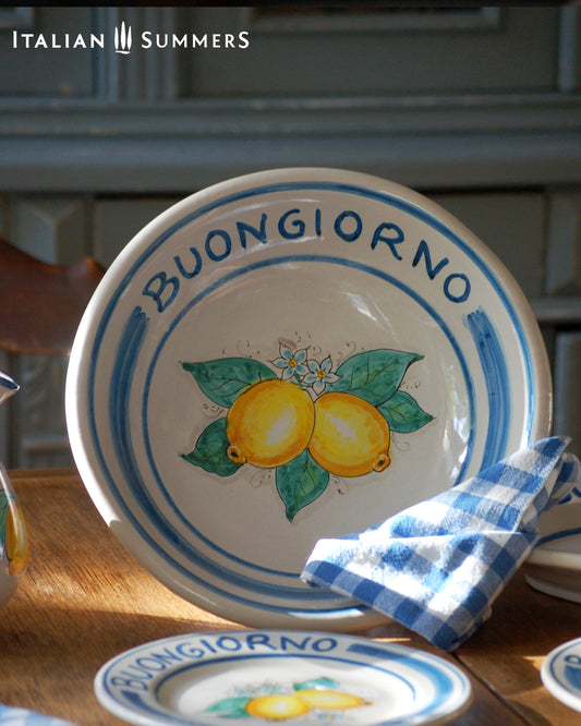 Italy ceramic fruit stand with Amalfi Coast lemons and the greeting Buongiorno . Hand painted in Sicily. Designed and sold by Italian Summers