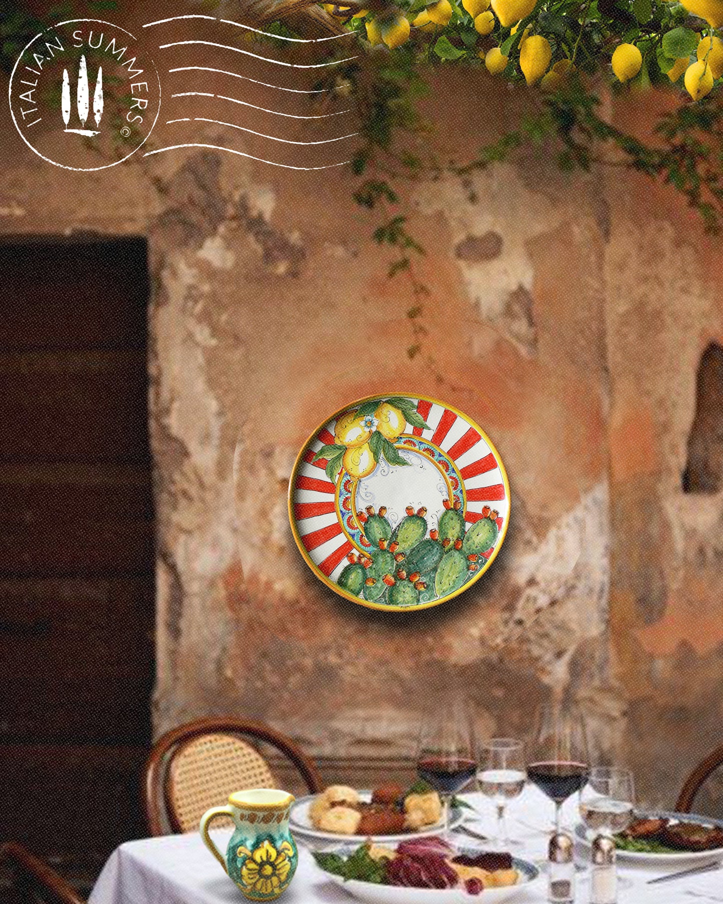 Large Sicilian Maiolica serving platter Lemons And Cactus, Sicilian maiolica. Hand-made in Sicily
