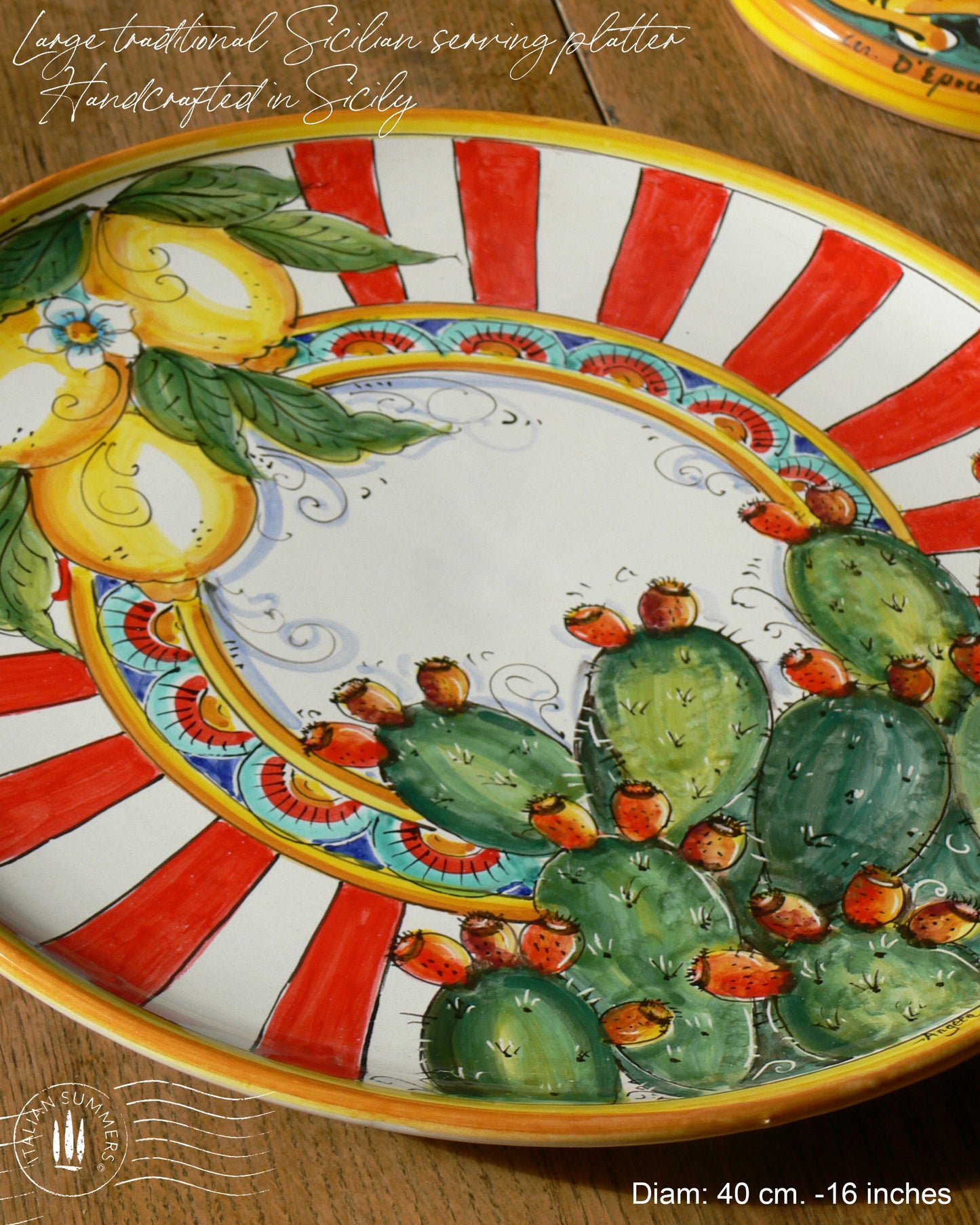 Large Sicilian Maiolica serving platter Lemons And Cactus, Sicilian maiolica. Hand-made in Sicily