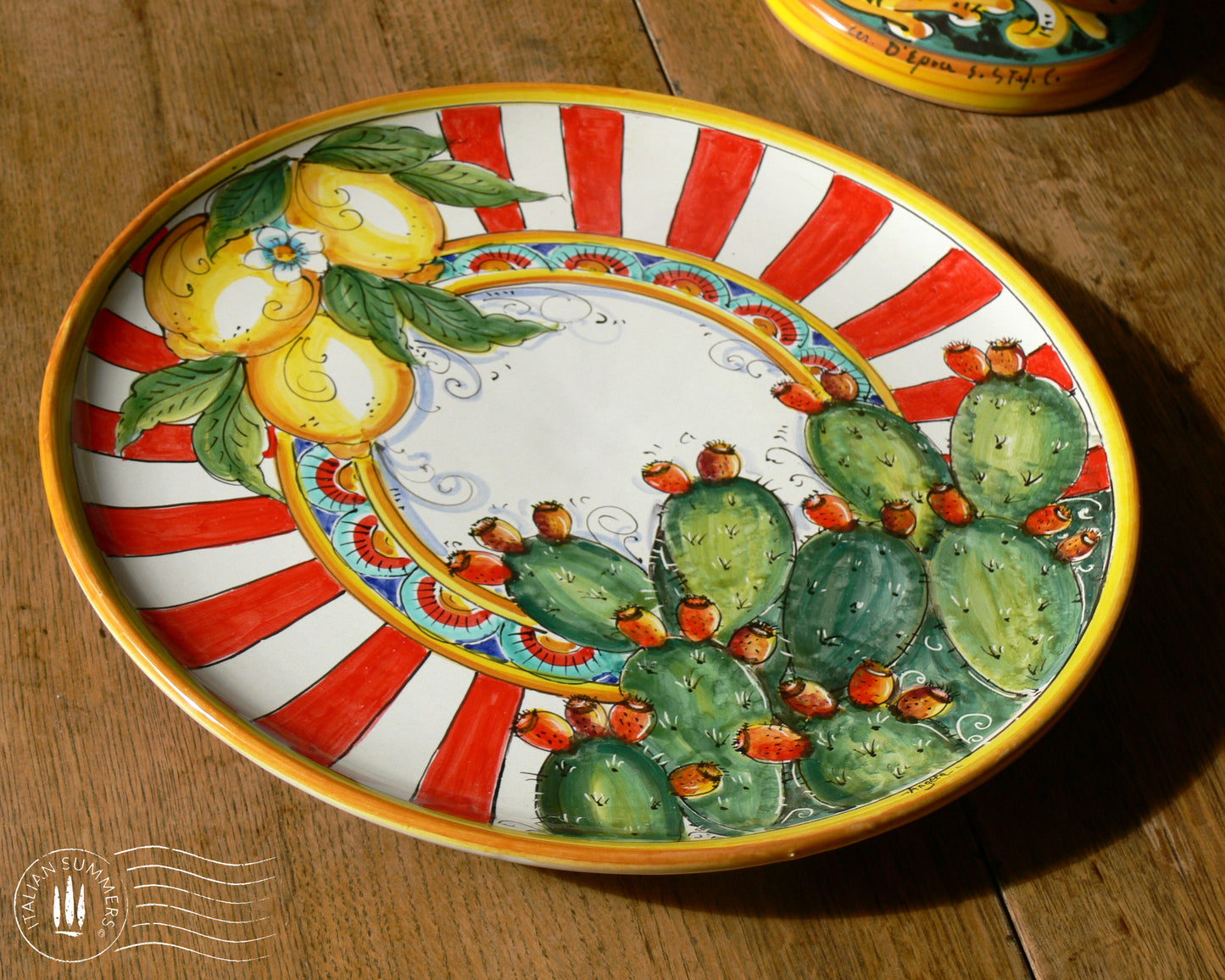 Large Sicilian Maiolica serving platter Lemons And Cactus, Sicilian maiolica. Hand-made in Sicily