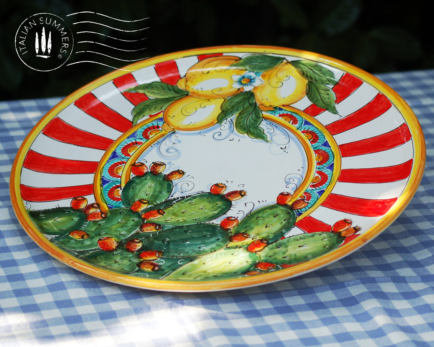 Large Sicilian Maiolica serving platter Lemons And Cactus, Sicilian maiolica. Hand-made in Sicily