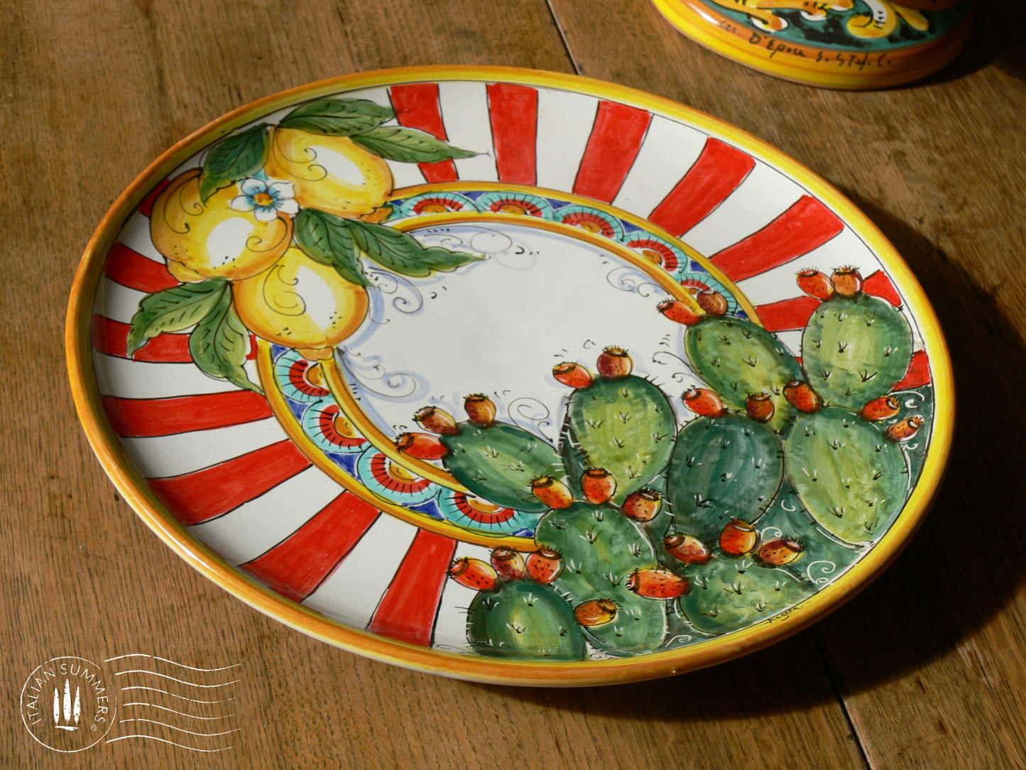 Large Sicilian Maiolica serving platter Lemons And Cactus, Sicilian maiolica. Hand-made in Sicily