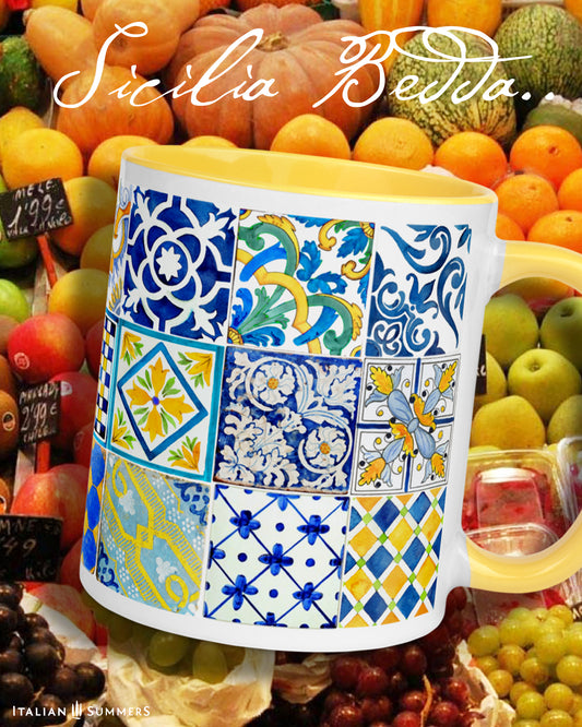 Italy inspired mug with colorful Italian Sicilian tiles on all the sides oif the mug, Italian Sicilian tiles with main colors blue and yellow, 3 rows of Sicilian Italian maiolica tiles. Inside and handle of the mug available in yellow and blue. Made by Italian Summers.
