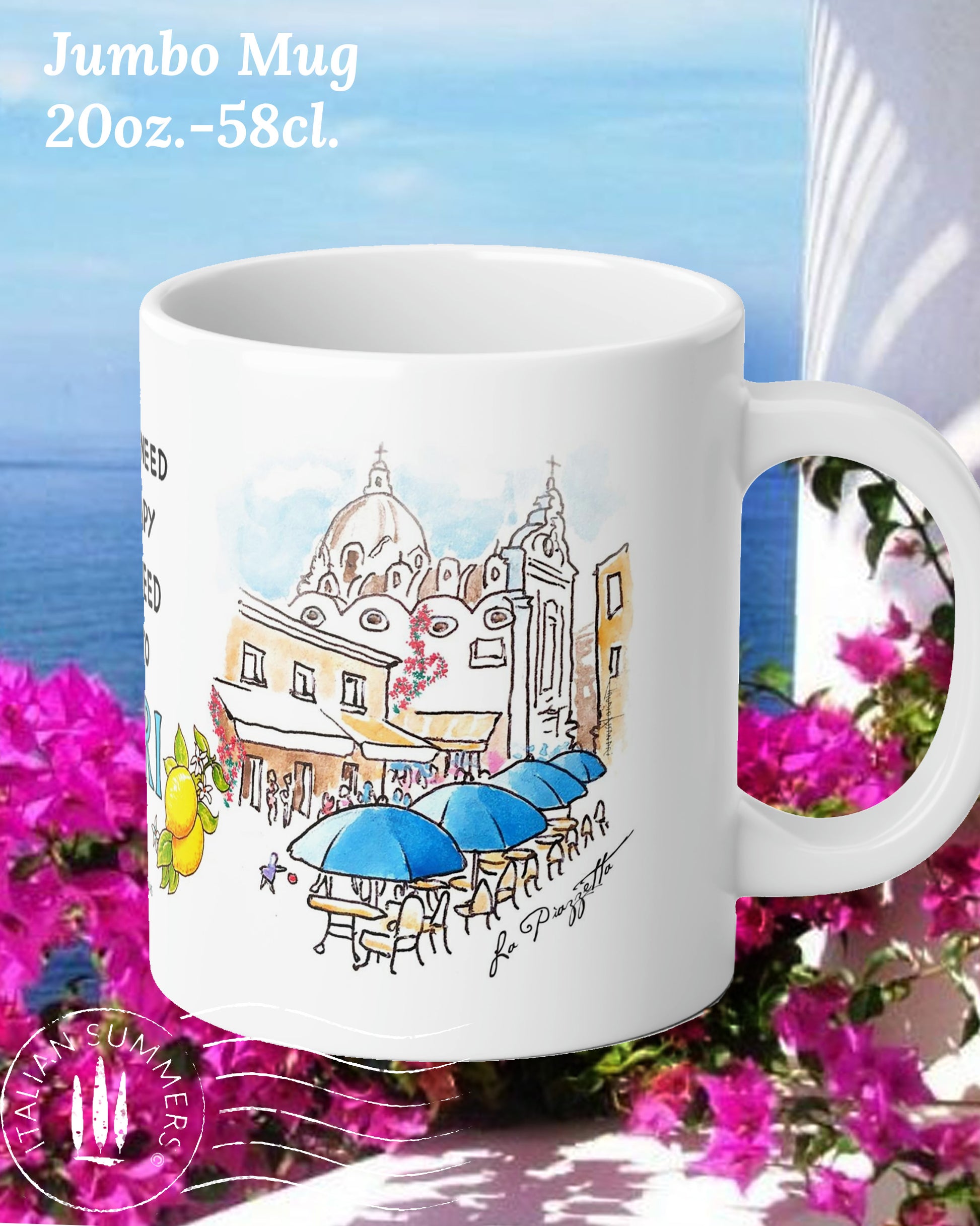 Italy-inspired white ceramic mug with blue colored handle and interior. Printed with a drawing of Capri's Piazzetta  with blue cafe Umbrellas and a crowd of shoppers strolling. The quote: I don't need therapy I just need to go to Capri is present . The word Italy is in blue Capital letters and flanked by bunches of Sorrento lemons with flowers. Made by Italian Summers