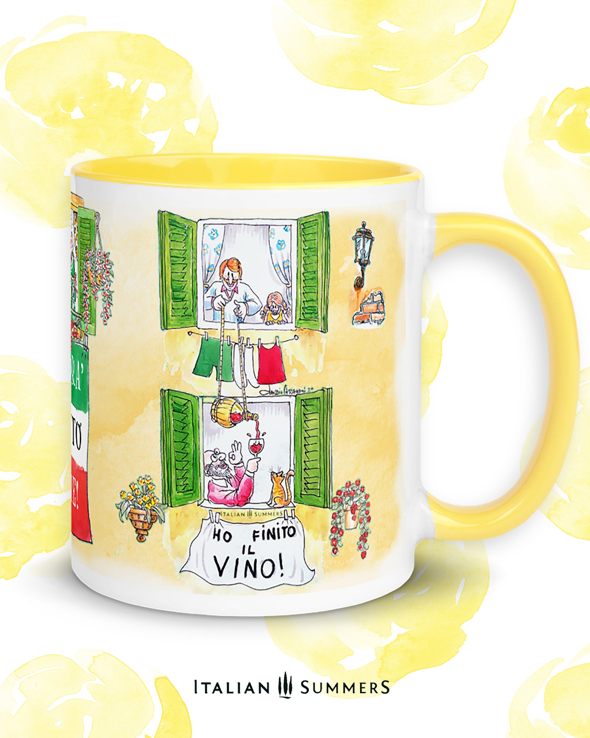 Italy inspired mug with sketches of Italian lifestyle. A sketch of two Italian windows where the downstairs neighbour is without vino. He holds the glas up, out of the window and the upstairs neughbour lowers a flask of good Chinti wine to share some good cheer. Italian solidarity at play! :-) The mug has a yellow or red inside/handle. Made by Italian Summers