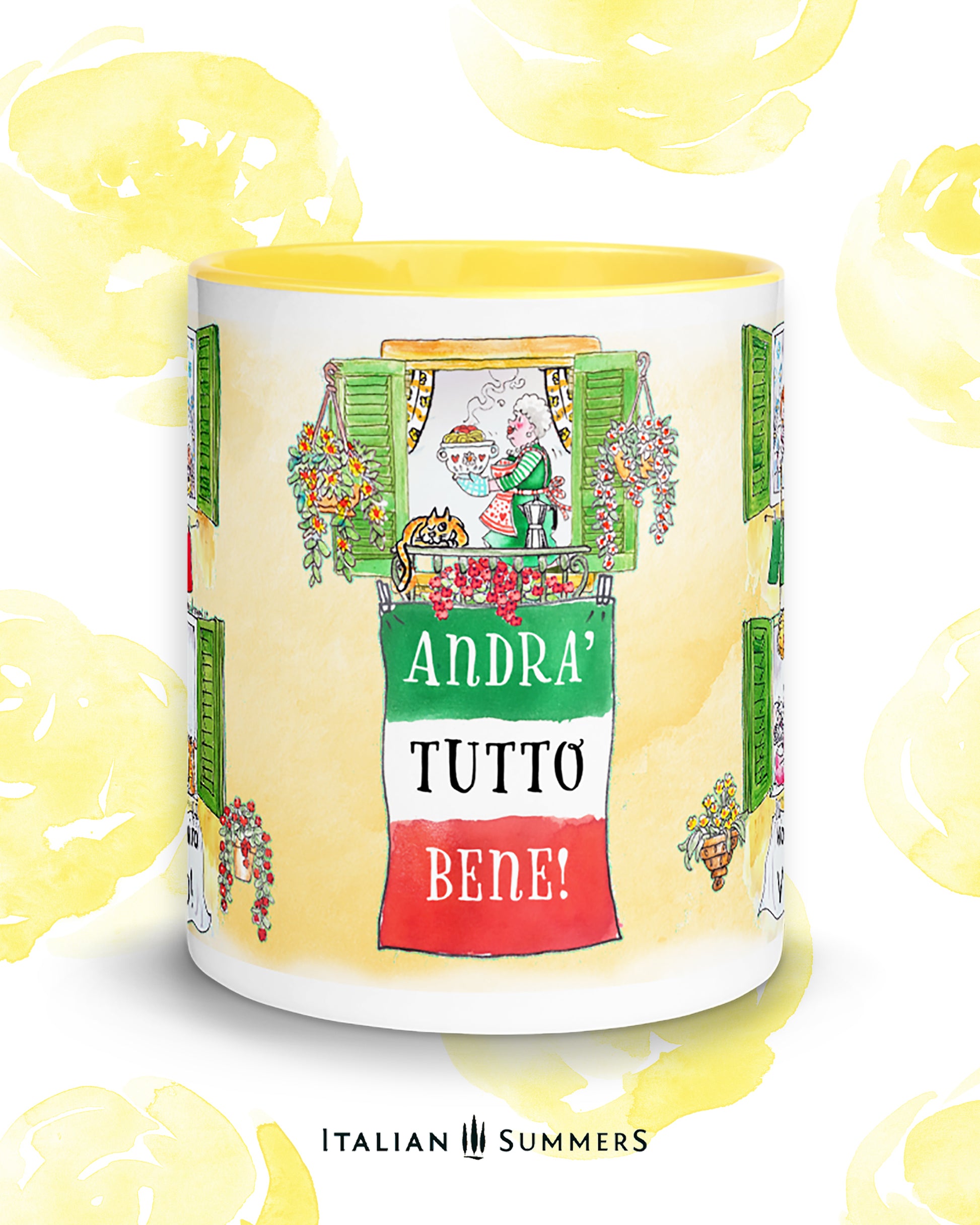 Italy inspired mug with sketches of Italian lifestyle. A sketch of two Italian windows where the downstairs neighbour is without vino. He holds the glas up, out of the window and the upstairs neughbour lowers a flask of good Chinti wine to share some good cheer. Italian solidarity at play! :-) The mug has a yellow or red inside/handle. Made by Italian Summers