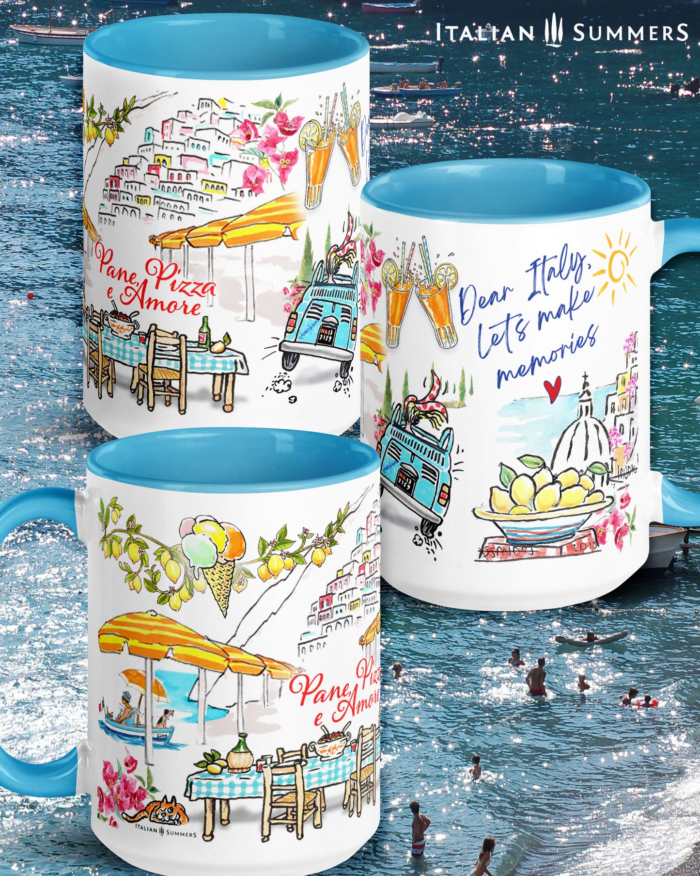 A made to order mug decorated with a print of colorful beach umbrellas on the Amalfi coast, two glasses with a red drink and straws clinking together, and a colorful sketch of Positano in the backround. A texts states: See you in the Piazza