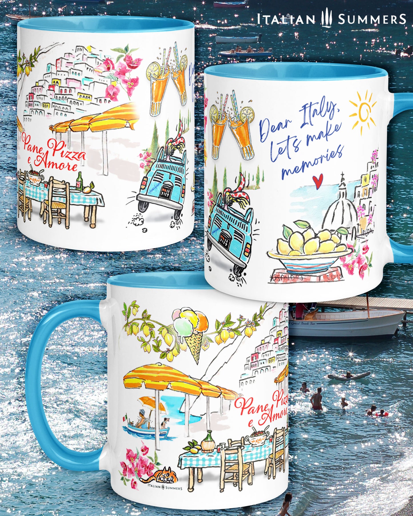 A made to order mug decorated with a print of colorful beach umbrellas on the Amalfi coast, two glasses with a red drink and straws clinking together, and a colorful sketch of Positano in the backround. A texts states: See you in the Piazza
