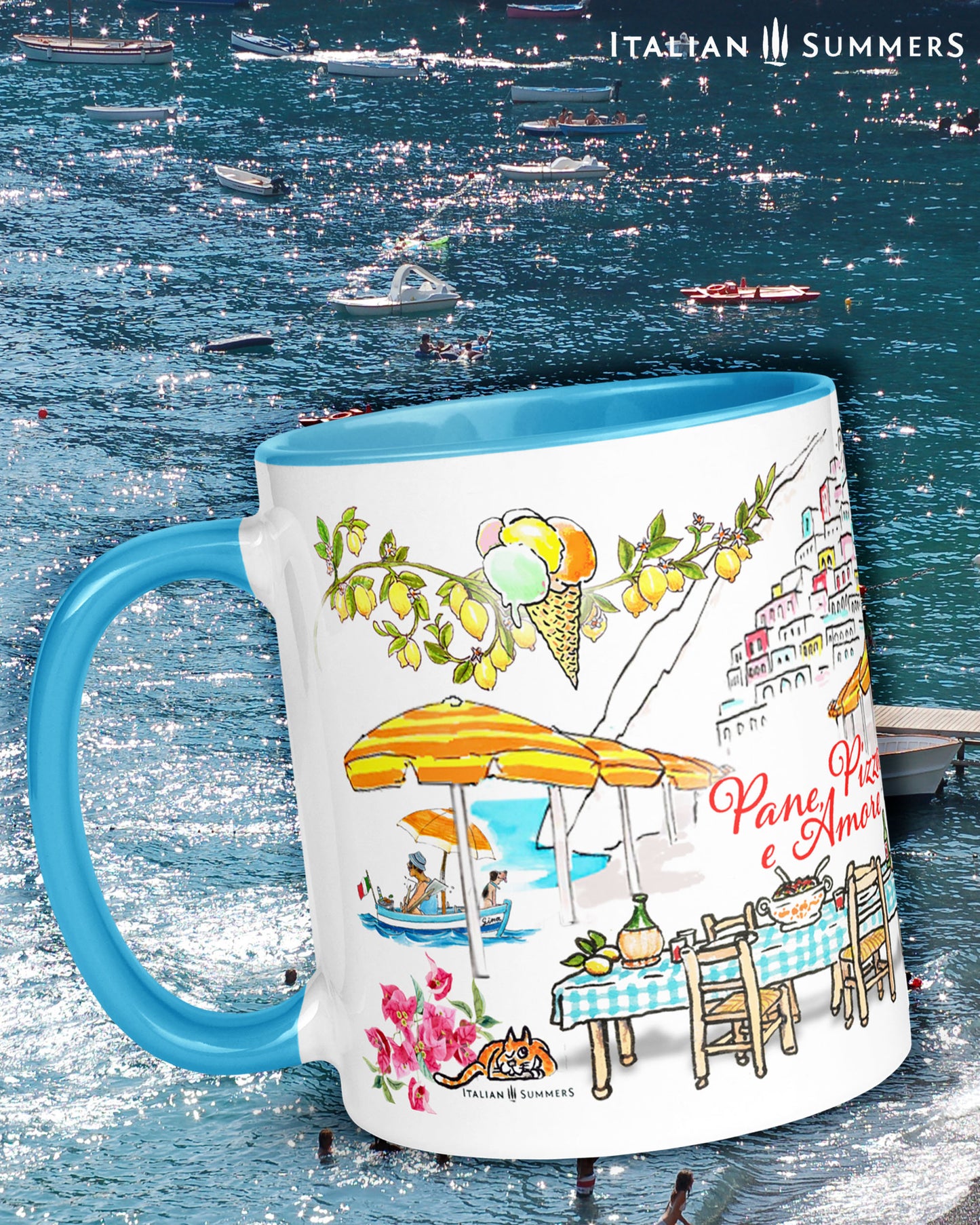 A made to order mug decorated with a print of colorful beach umbrellas on the Amalfi coast, two glasses with a red drink and straws clinking together, and a colorful sketch of Positano in the backround. A texts states: See you in the Piazza